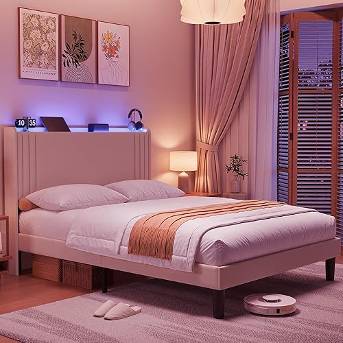 Miniatura 63 de Gizoon Base de cama Queen con cabecera de ala, plataforma tapizada con cabecera geométrica moderna, listones de madera, sin ruido, no necesita