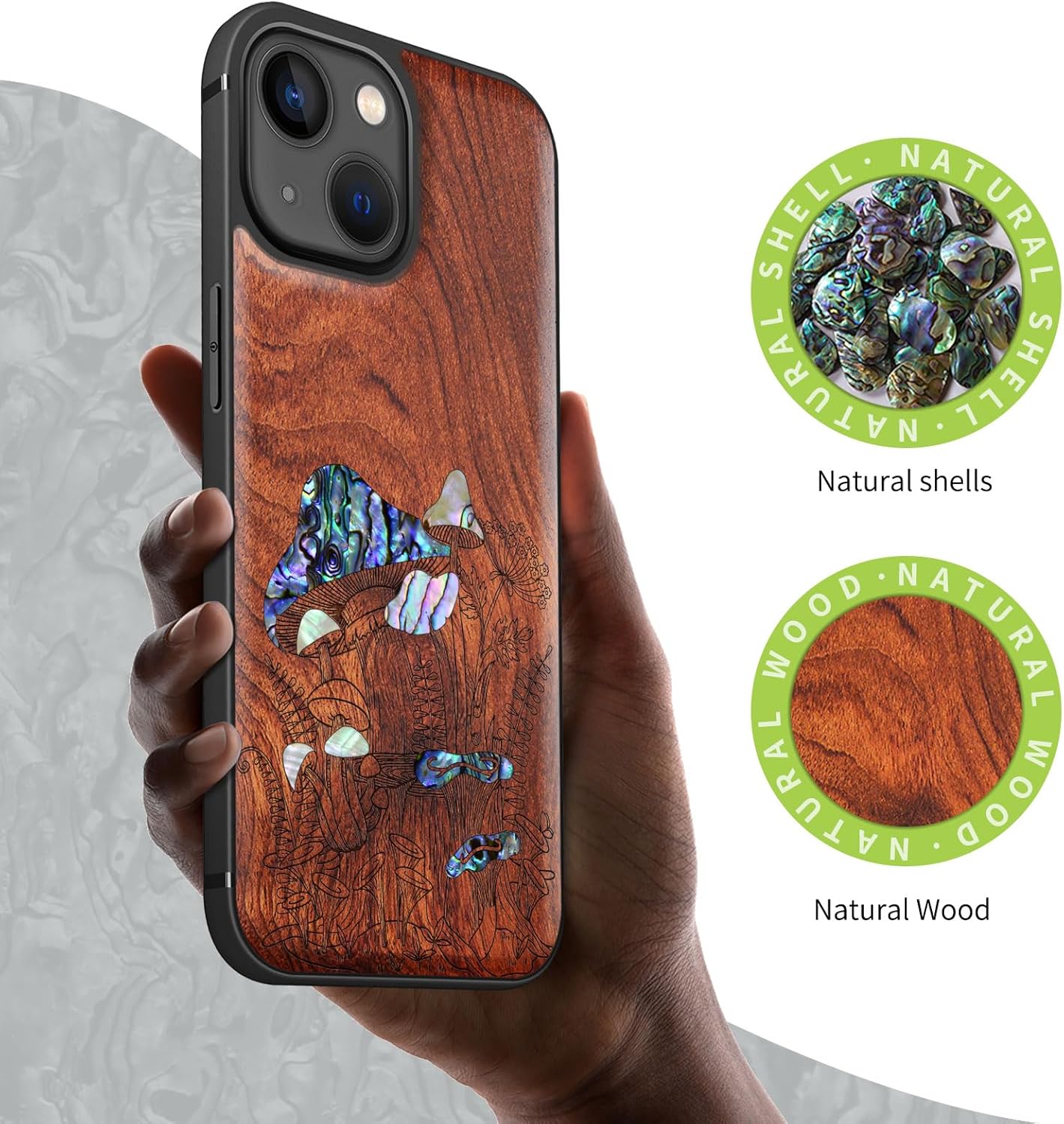 Carveit Designer Wooden Protective Case for iPhone 13 Mini Magnetic Cover [Wood Engraving & Shell Inlay] Compatible with 13 Mini MagSafe (Vintage Mushrooms-Rosy)