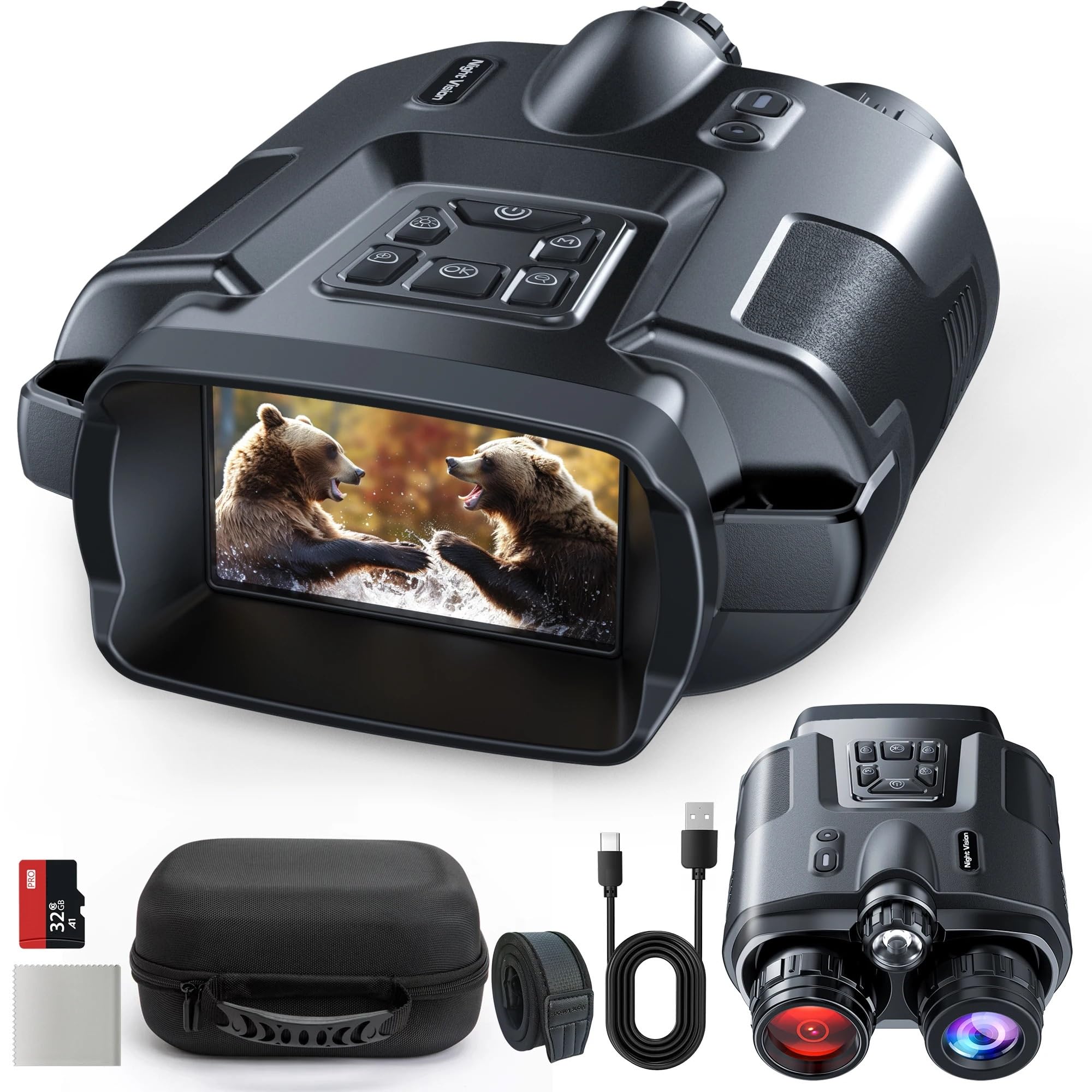 Jumelles de vision nocturne 4K, 32 Go, lunettes de vision nocturne infrarouge, grand écran 3 pouces, zoom numérique 8x, lampe tactique for le camping et la chasse