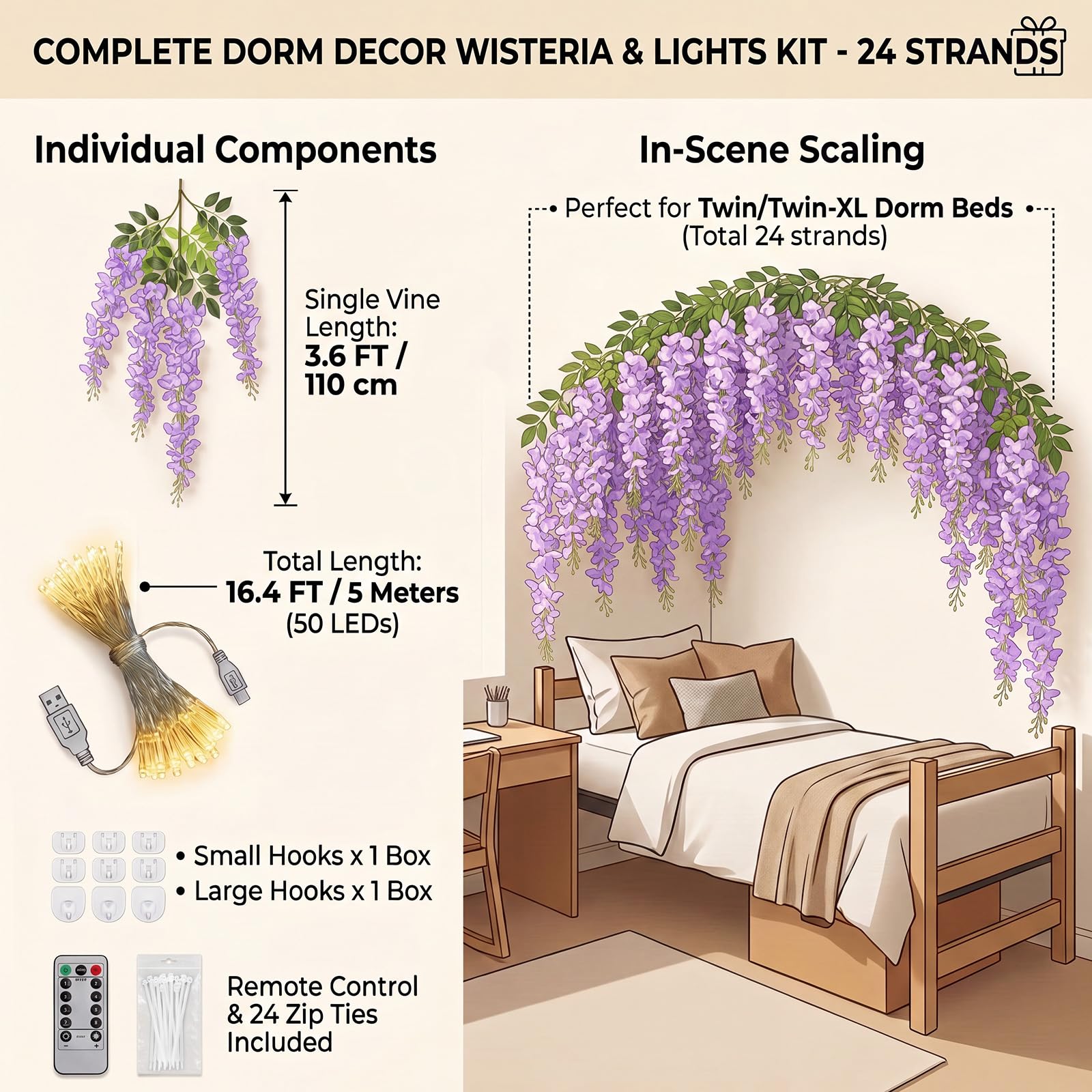 Knitgrip Lot de 24 guirlandes lumineuses de vigne pour dortoir avec lierre artificiel et crochets muraux transparents pour dortoir, rideau mural, décoration de rentrée scolaire (glycine, violet)