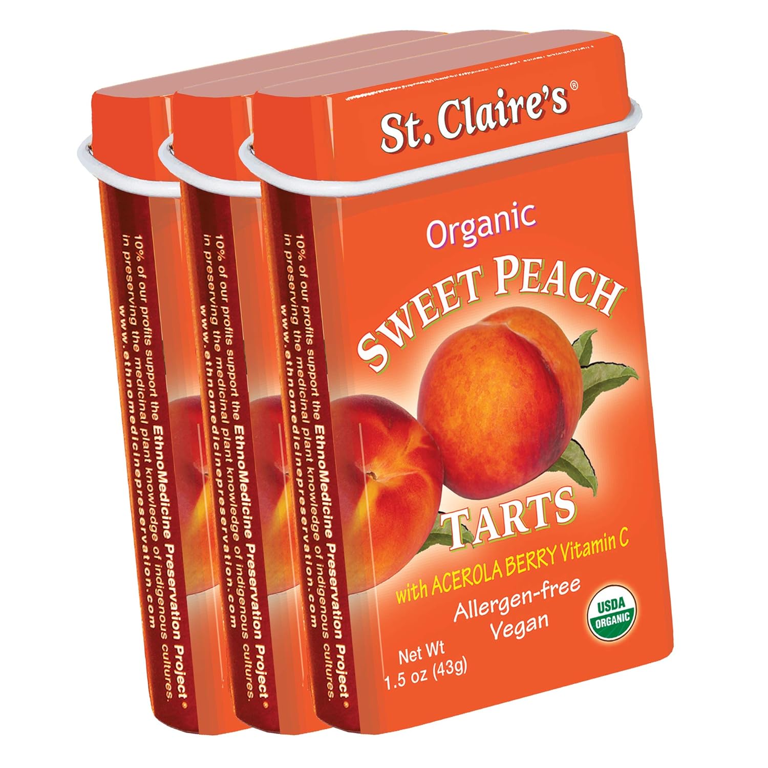 St. Claire's Organic Fruit Tart Candies, (Sweet Peach, 1.5 Ounce Tin, Bundle of 3) | Gluten-Free, Vegan, GMO-Free, Plant-based, Allergen-Free | Made in the USA in a Dedicated Allergen-Free Facility