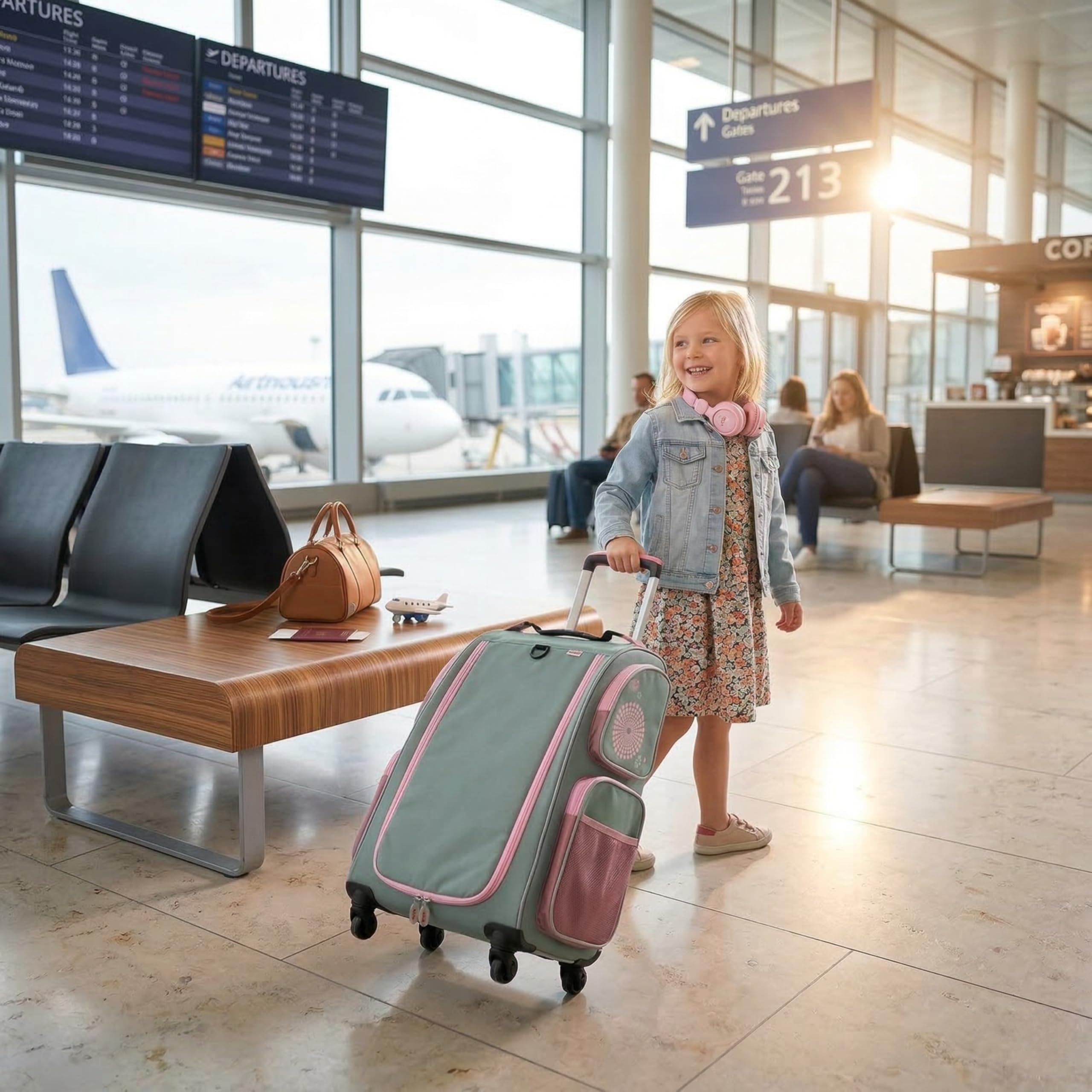 HABA Kinder-Schranktrolley Salbei mit 4 Rollen – Kinderkoffer aus recyceltem Polyester mit Schmutzwäschebeutel, 3 herausnehmbaren Böden und 4 Reißverschluss-Außentaschen – 2012724002