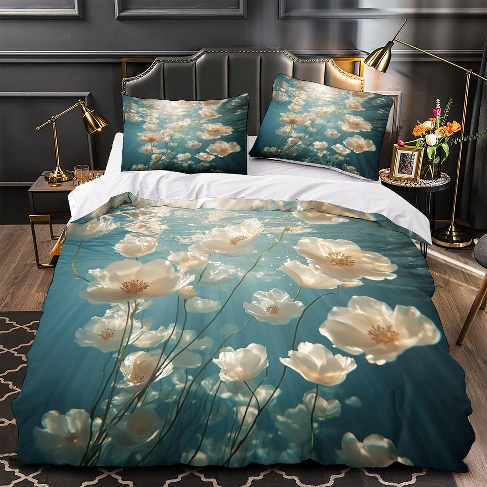 Housse de couette fleurs sous-marines 3D King 220x240cm avec 2 taies