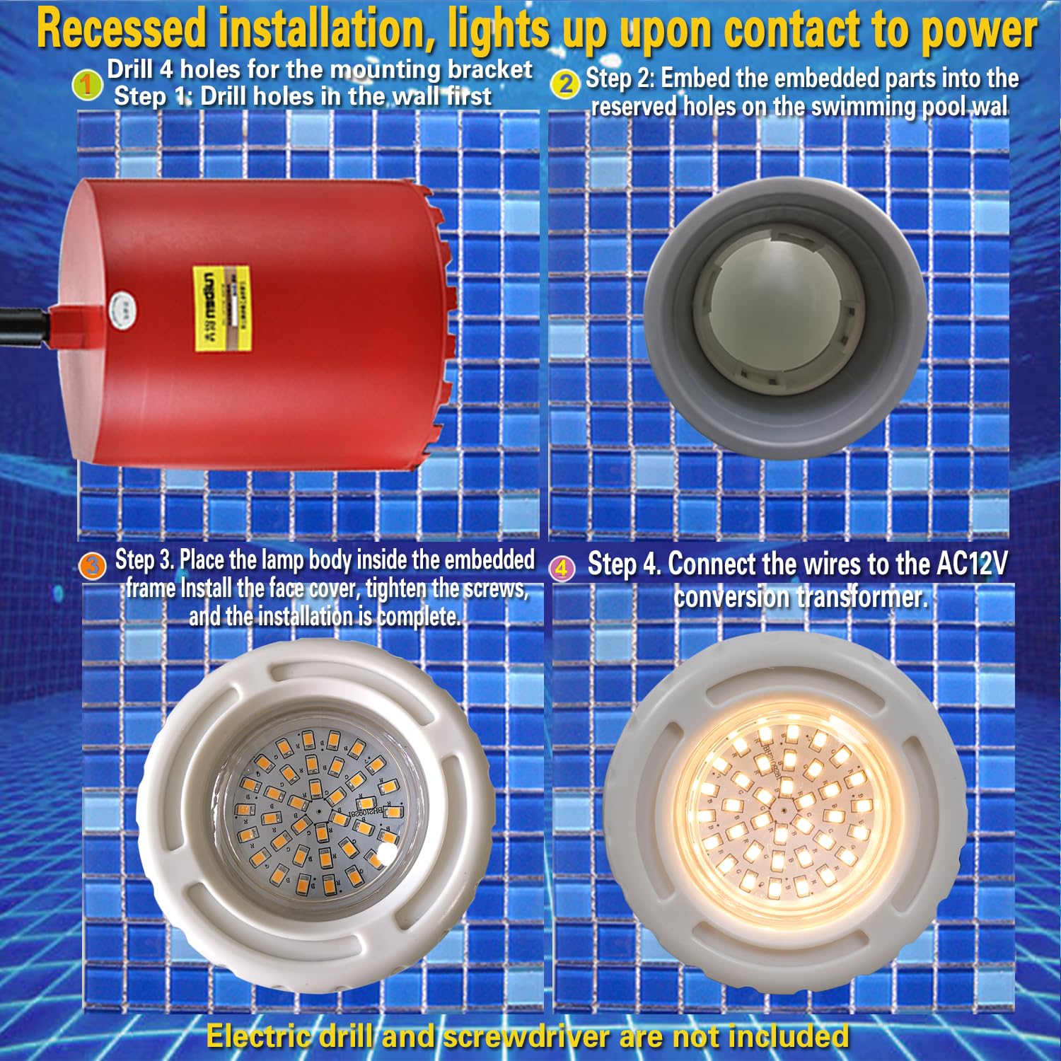 BARCELONA LED LED Poolleuchte 3W AC12V IP68 Unterwasserleuchte Ø94mm Warmweiß 3000K SMD2835 LED Poollicht Aufbaumontage für Pool, Jacuzzi, Spa, Brunnen, Teich, Wasserdekoration