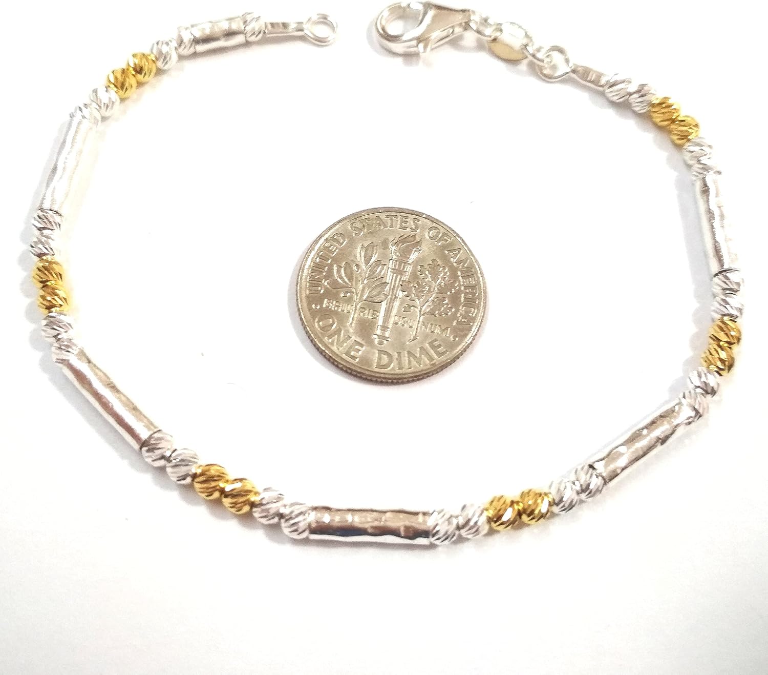 BalliSilver. Silver & Gold Two Tone ANKLET. Real 925 Sterling Silver 3mm Diamond Cut Laser Cut BEADS and Hammered Tubes. Handmade to your Size.