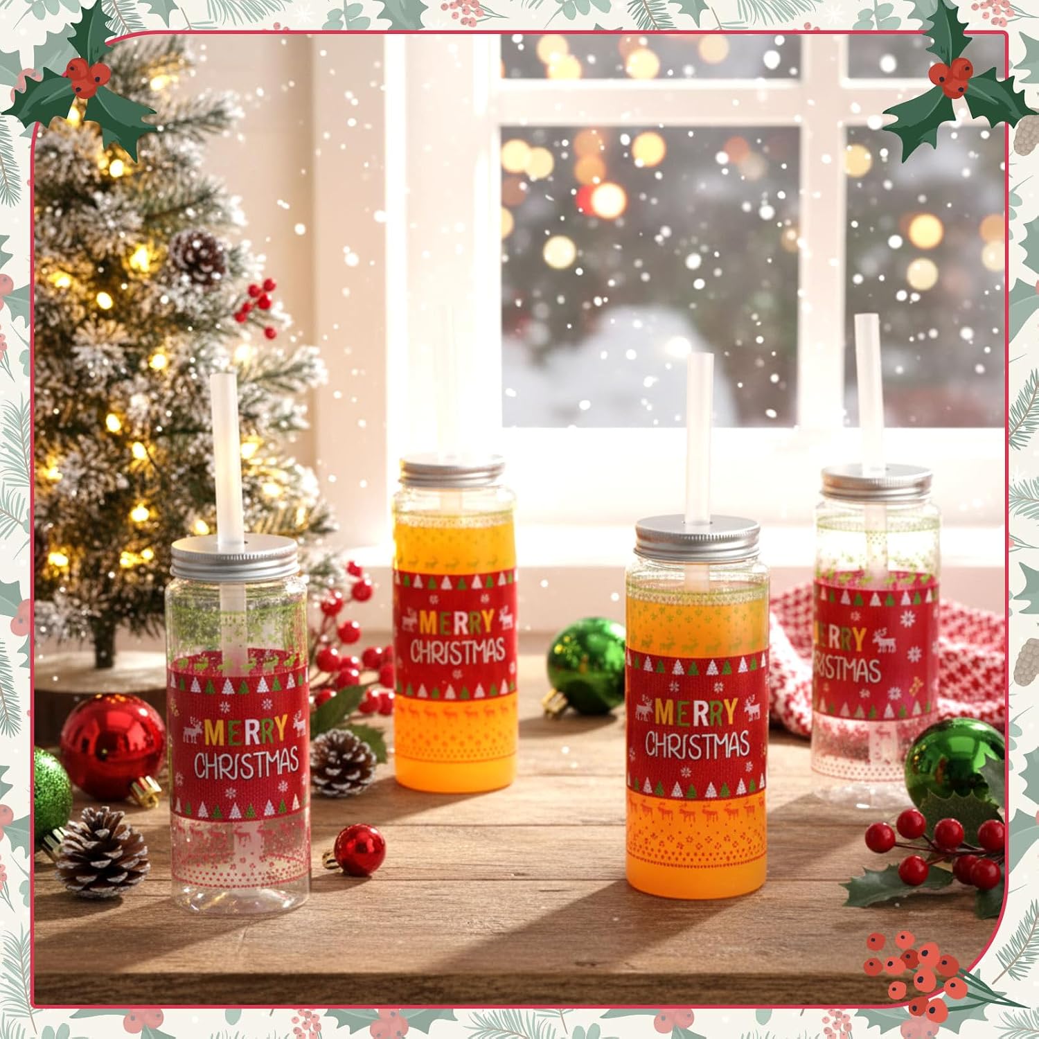 Potchen 24 Pcs 14.2 oz Christmas Plastic Cups with Lids and Straws, Ugly Sweater Xmas Tree Reusable Tumbler, Beer Can Iced Coffee Cup for Xmas Party Supplies Decoration Gift(Ugly Sweater)