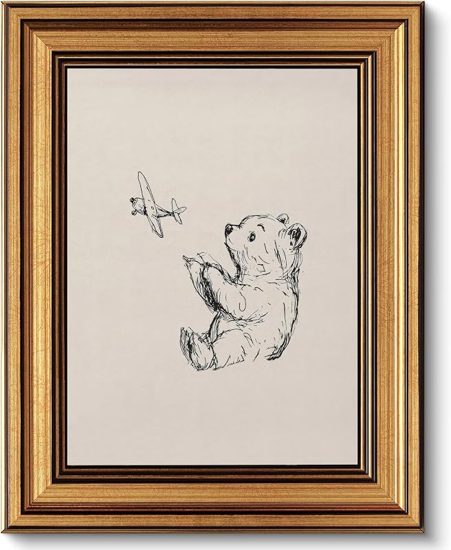 Ptslan Teddy Bear Framed Wall Art Sketch Bear Wall Decor 9x11Inch | Gold Framed Canvas Wall Art Vintage Airplane Nursery Decor Bear Artwork Cute Animal Nursery Decor for Baby Boy Room
