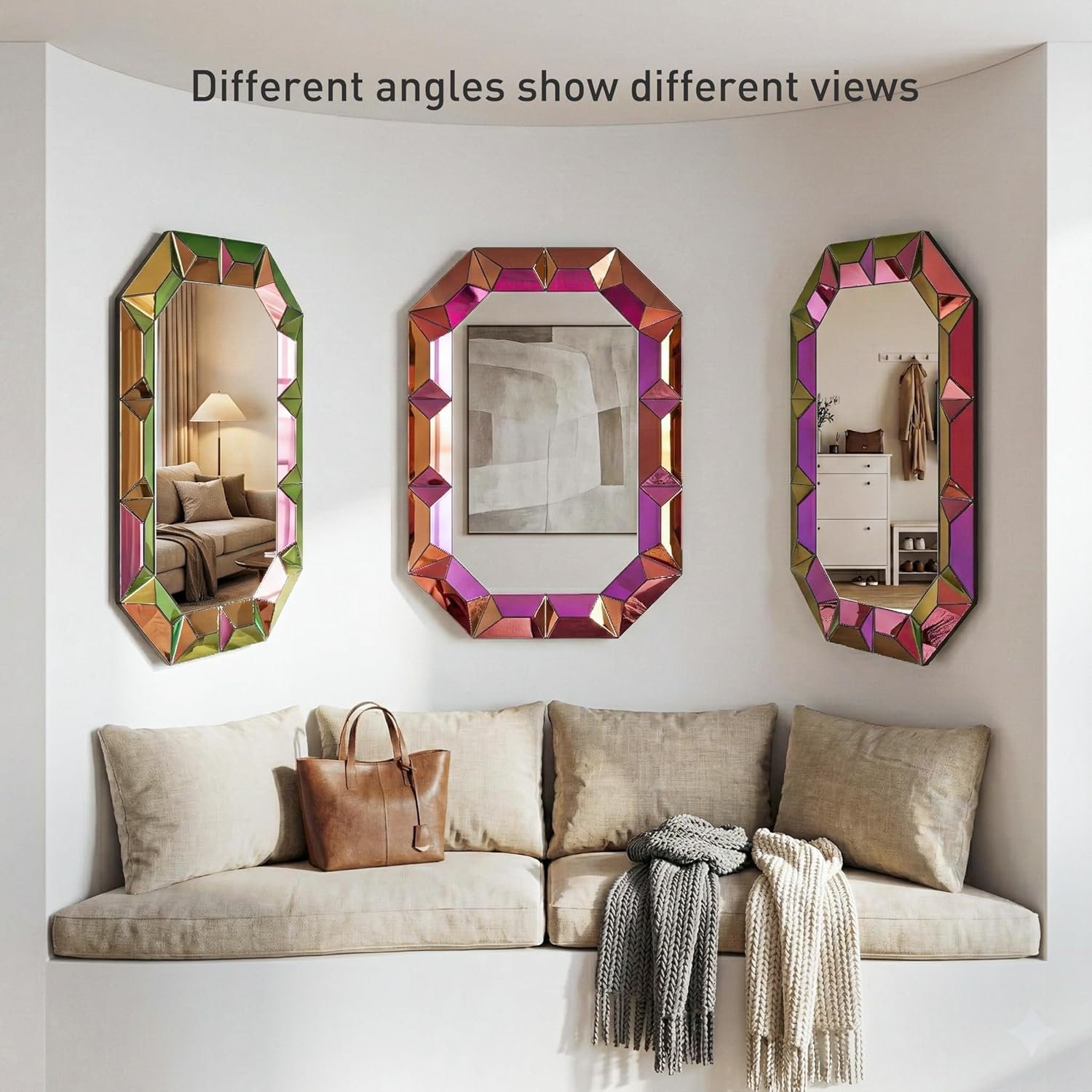 SHYFOY Modern Wall Mirror, 39" Decorative Accent Wall Mirror with Neon Finish, Geometric Iridescent Mirror for Bedroom, Entryway, or Living Room