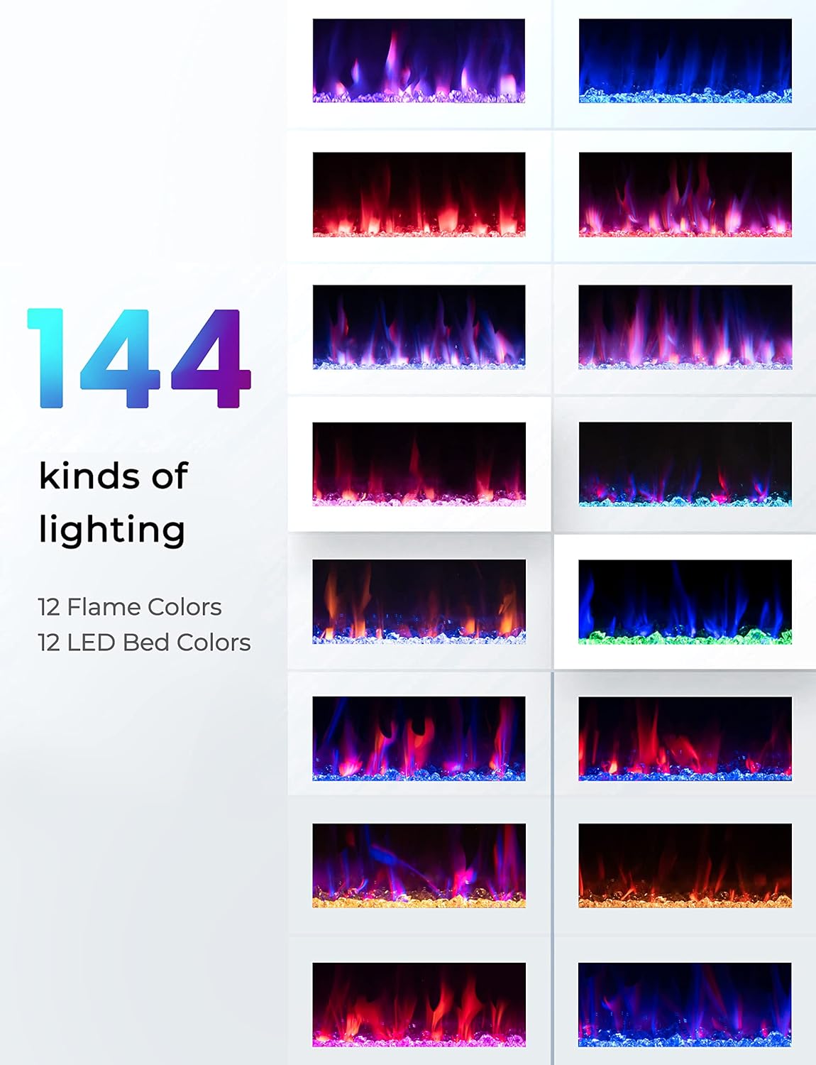 Display of 144 different flame and flame bed color combinations available on the electric fireplace.