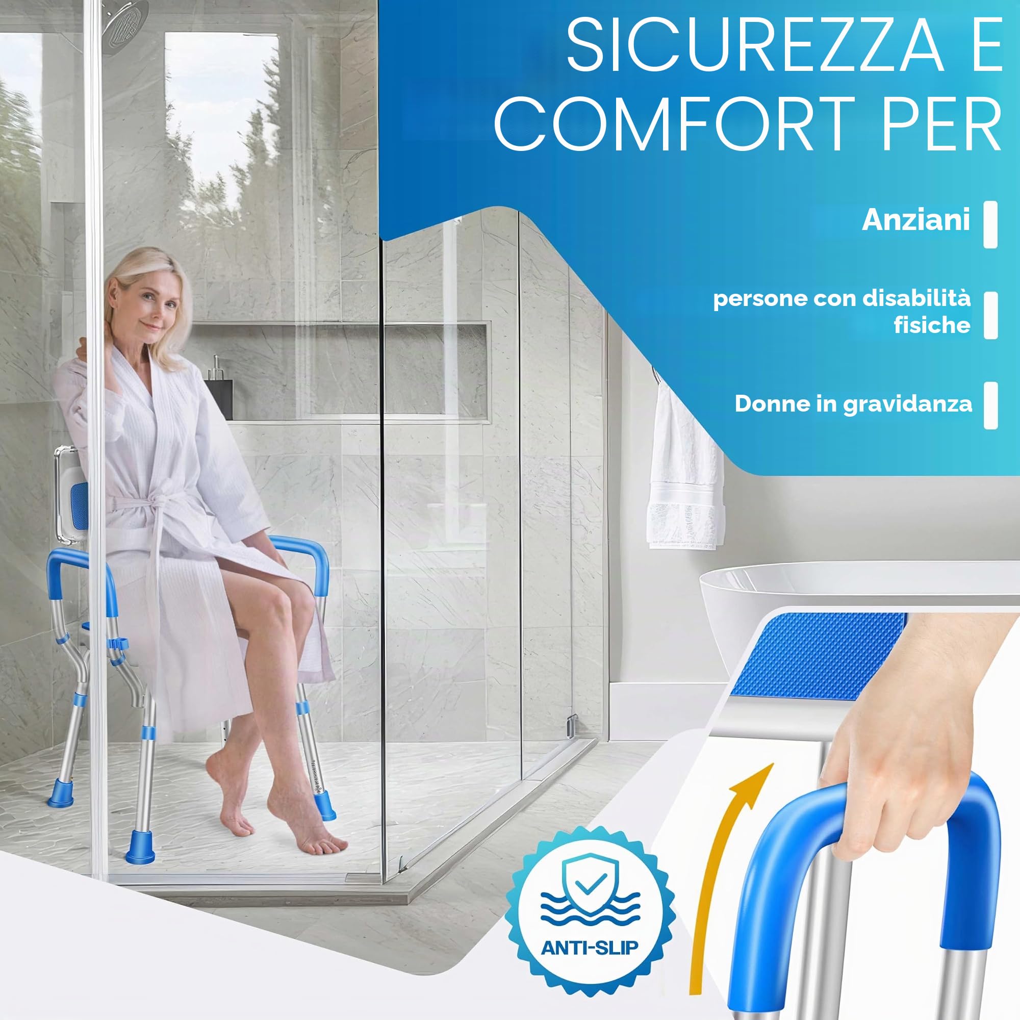 KESSER® Sgabello da doccia con schienale per anziani e sedia da doccia in gravidanza, portata 150 kg, 6 livelli, altezza regolabile 38-54 cm, con piedini antiscivolo, tappetini e supporto per doccia