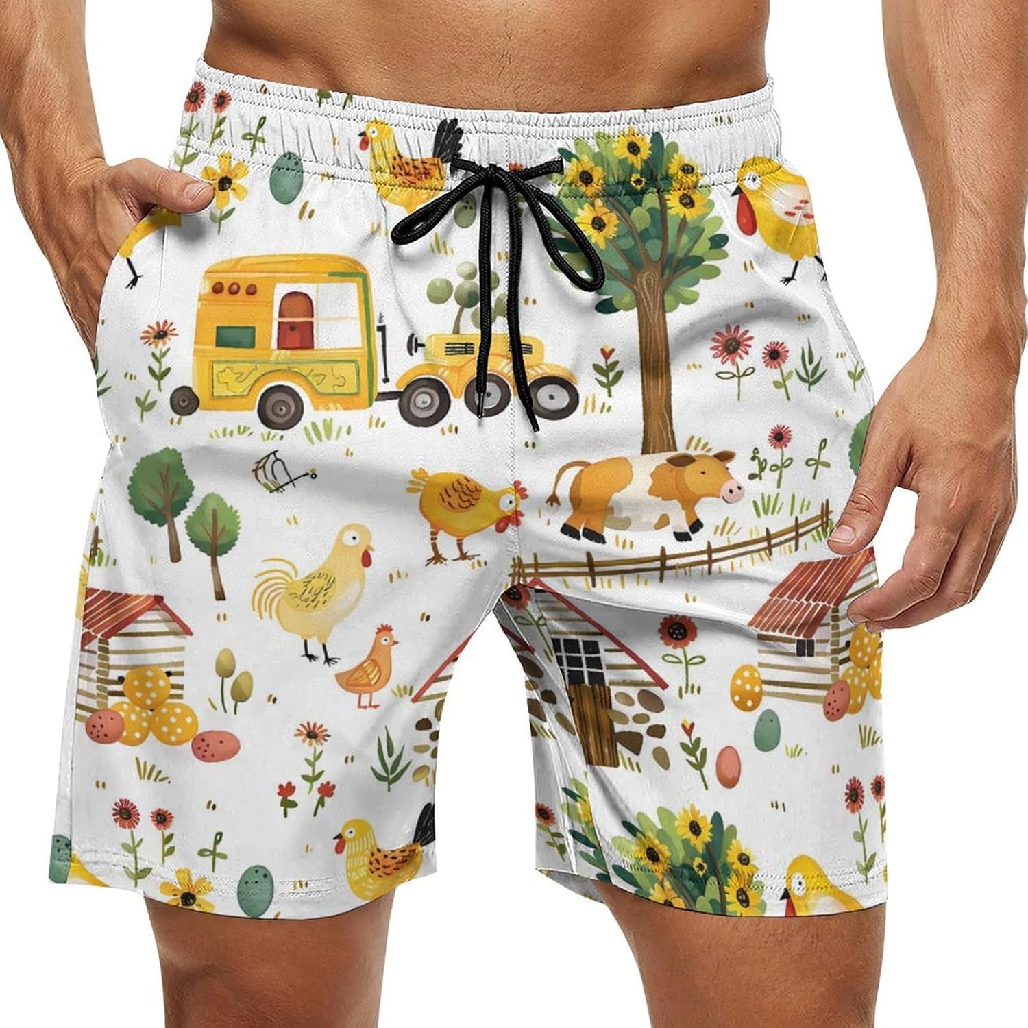 Farm Animals Casual Men's Swim Trunks Novelty Summer Beach Shorts Swimwear with Pocket