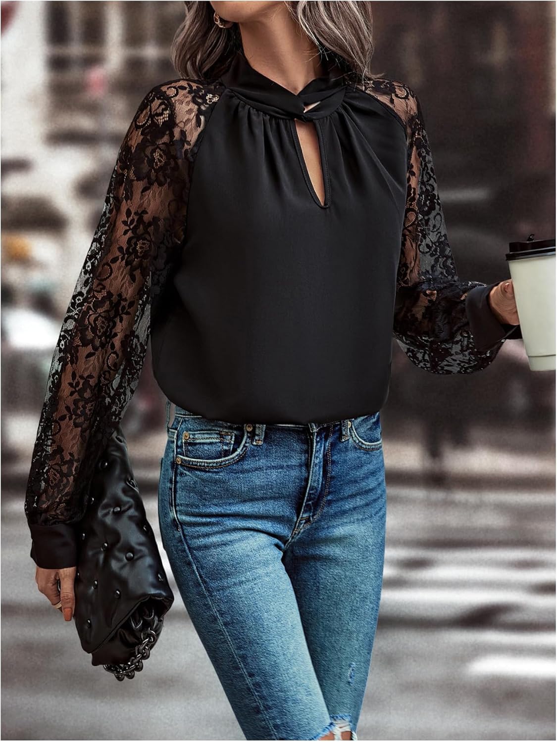 GORGLITTER Women's Lace Long Sleeve Twist Front Top Keyhole Neck Dressy Business Office Blouse Shirt Top - Image 3