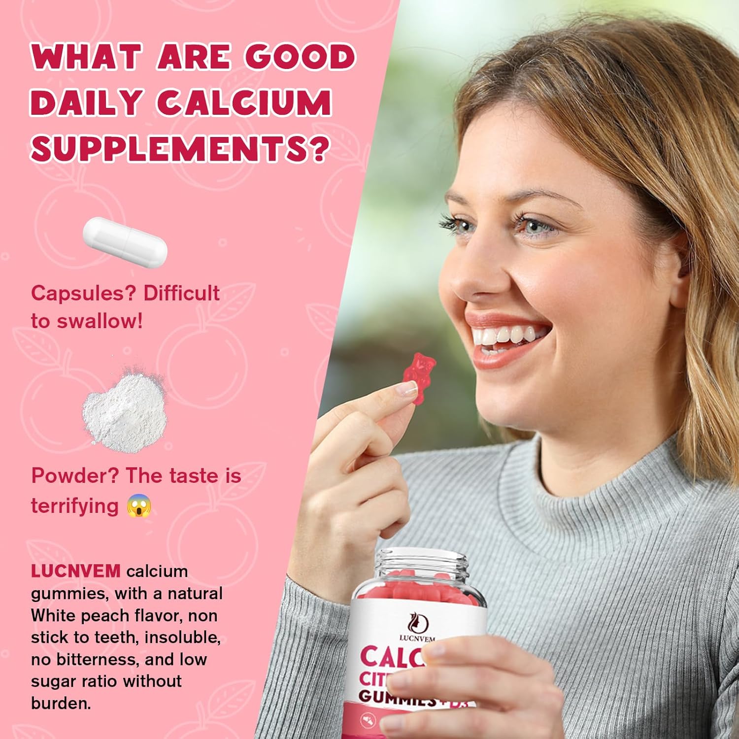 Calcium Citrate 1200mg with Vitamin D3 Gummies, Calcium Gummies with Vitamin D3 for Women & Men, Cal Magnesium Zinc for Bone Muscle Healthy- Natural White Peach Flavor- 30 Day Supply - Image 5