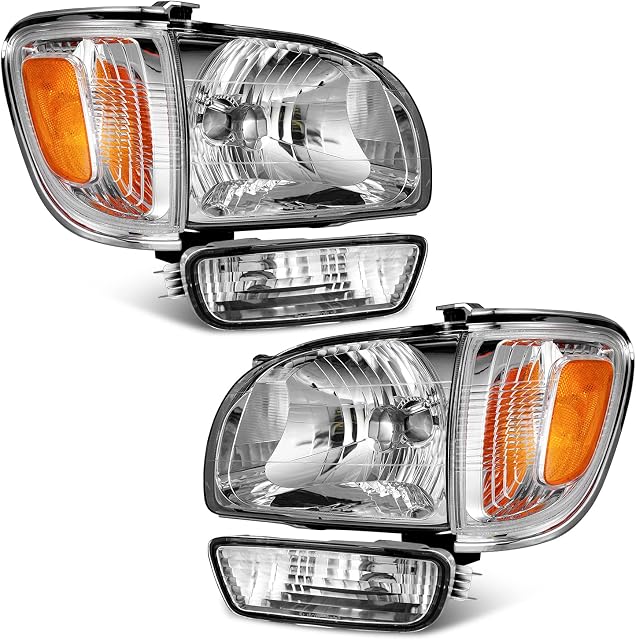 WEELMOTO For 2001-2004 Toyota Tacoma Headlights Assembly Replacement For 01 02 03 04 Tacoma Headlight+Corner Parking Signal Lights+Bumper Light 6PC Set Chrome Housing Amber Reflector Left Right Side