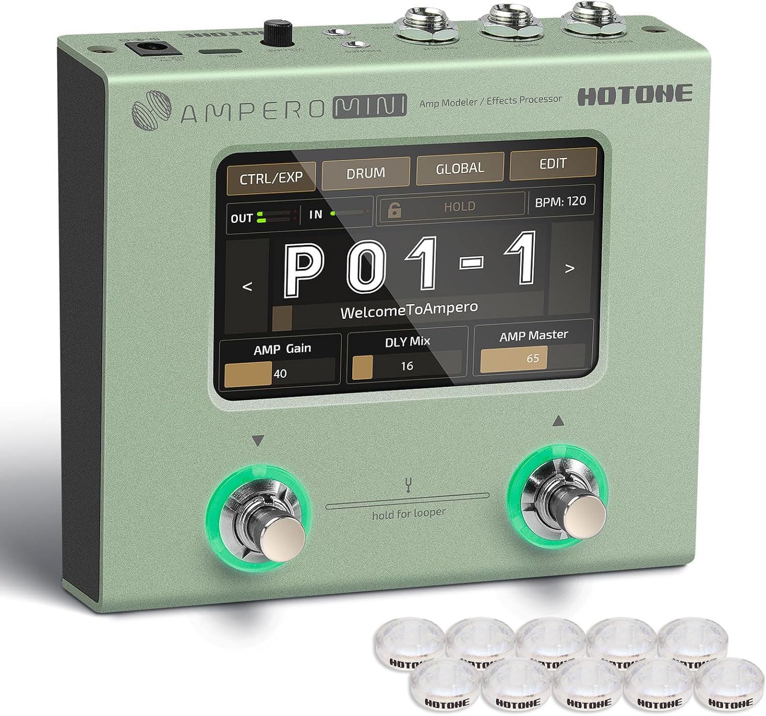 HOTONE Multi Effects Processor Pedal Guitar Bass Amp Modeling IR Cabinets Simulation Multi LanguageStereo OTG USB Audio Interface Ampero Mini MP-50 (Include 10 PCS Additional Footswitch Toppers)