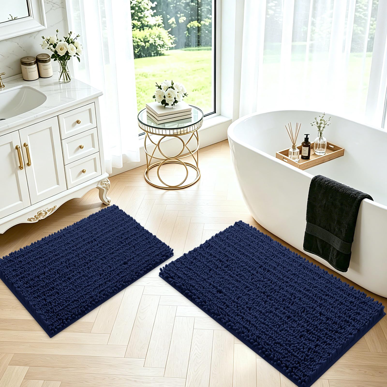 ACCUMTEK Upgrade Luxury 2 Piece Navy Blue Toilet Bathroom Rug Mat 32"x20"+24"x17", Ultra Soft Thick Absorbent Bath Mats, Non Slip Chenille Toilet Mat for Bathroom, Bedroom, Kitchen, Shower, Tub