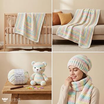 Renyiz Chunky Chenille Yarn for Crochet Kit - 3 Skeins Chenille Wool (100g Each) Soft Fluffy Thick Yarn, 6mm Crochet Hook Included for Beginners DIY Blankets (Marshmallow -3)