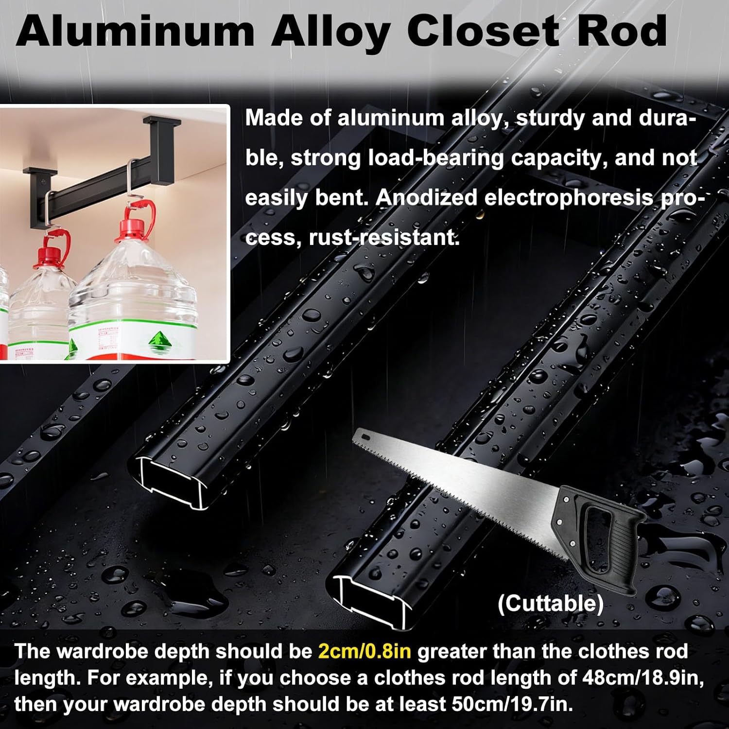 Ceiling Mounted Closet Extender Hanging Rod for Shallow Cabinets/Wardrobes, Adjustable Cupboard Rod Bracket with Socket Set, Heavy-duty Clothes Hanging(Black,26cm/10.2in L)