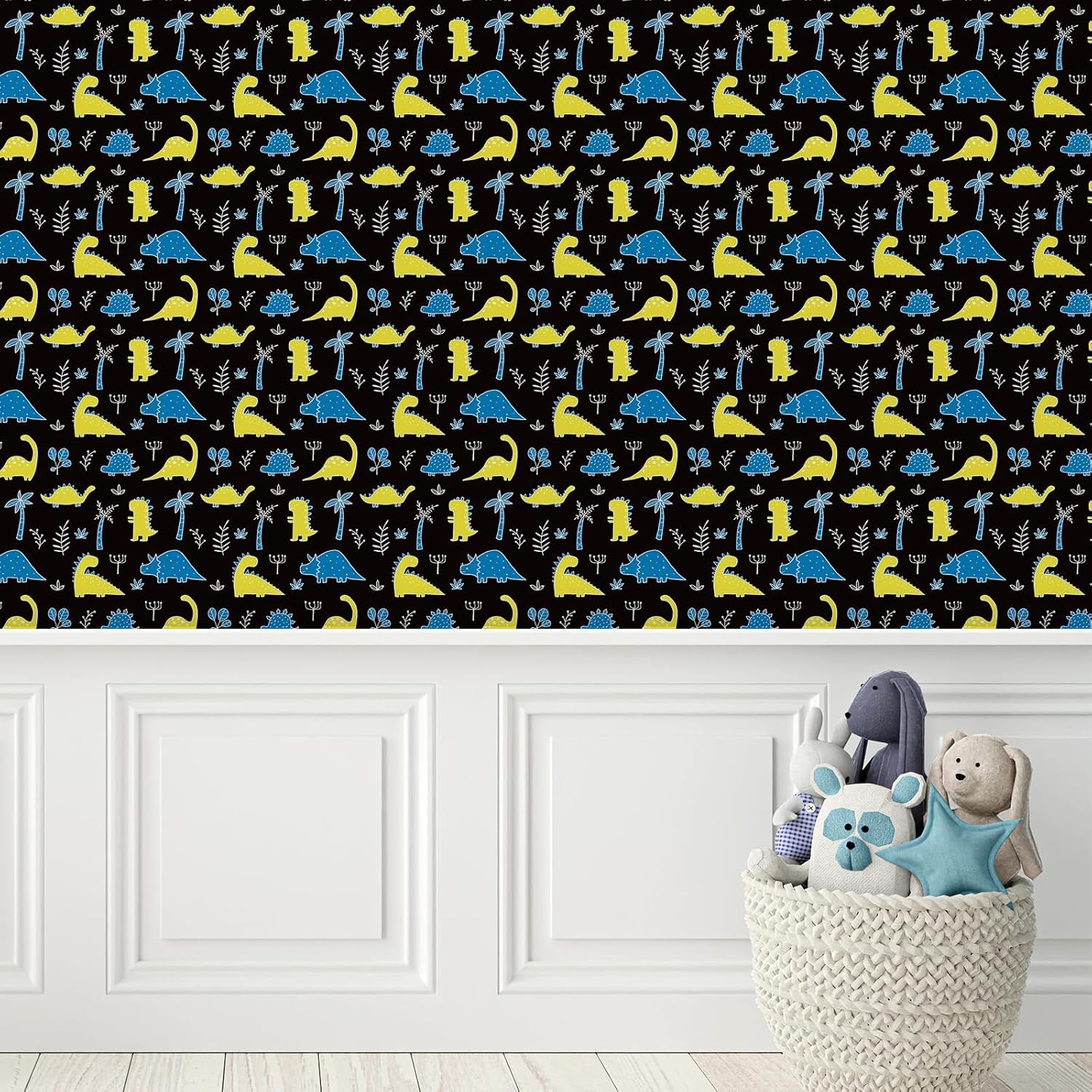 Black Dinosaur Wallpaper Cartoon Palm Tree Cute Dino Animal Peel and Stick Wallpaper for Kids Room Nursery Playroom 12"x100" Removable Self Adhesive Contact Paper Vinyl Wraps