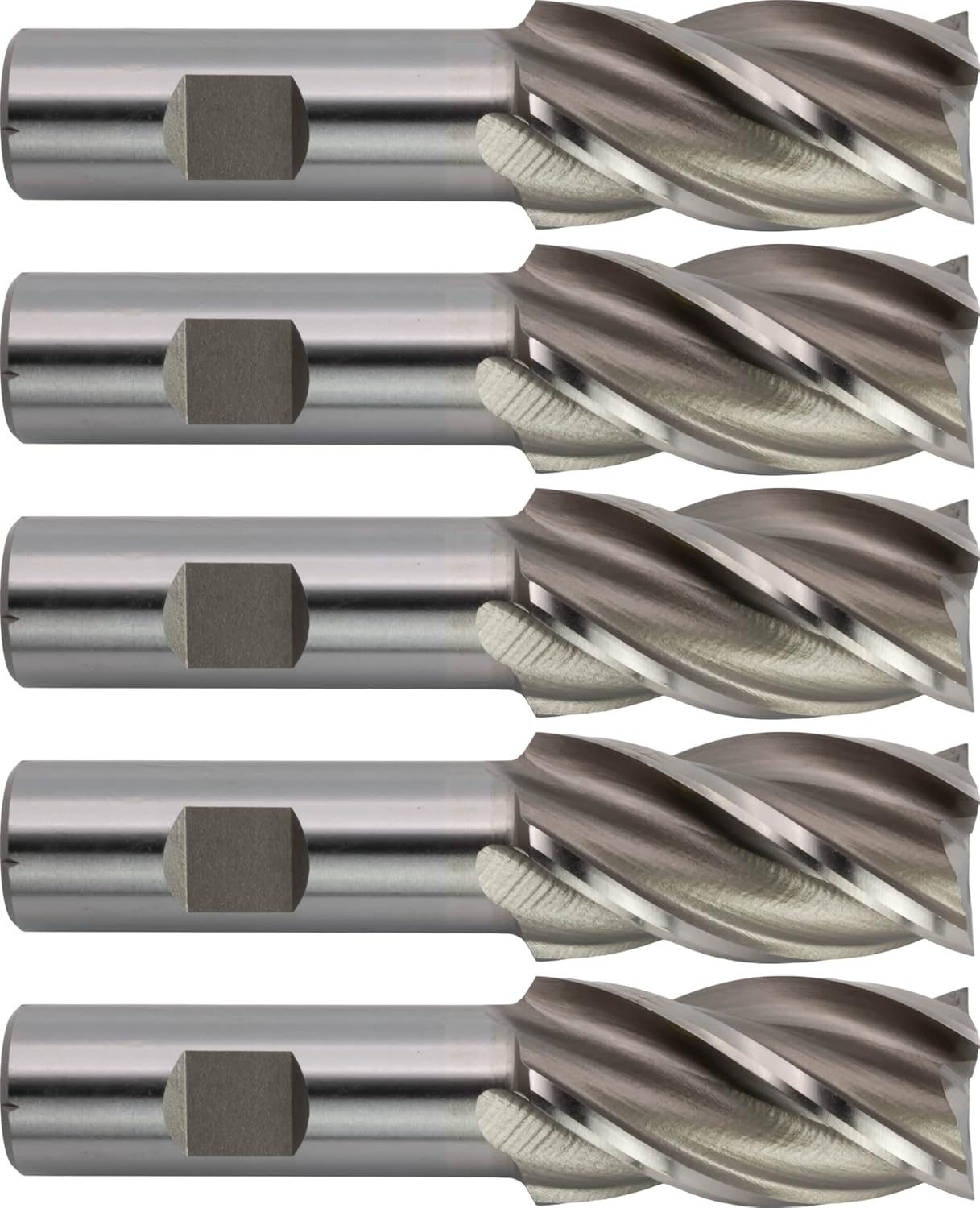 5 pcs M2 High-Speed Steel End Mills, Square Nose, Bright (Uncoated) Finish, 1 Mill Diameter, 1 7/8 Length of Cut, 4 1/8 Overall Length, 4 Flute, Center Cutting