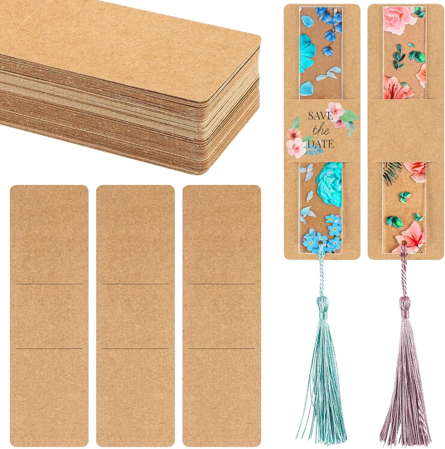 BEETO 50 Pieces Kraft Bookmark Sleeves, 5.9 x 1.8 in Holder, DIY Resin Mold, Blank Display Cards for Gift Wrapping, Small Business Packaging Supplies