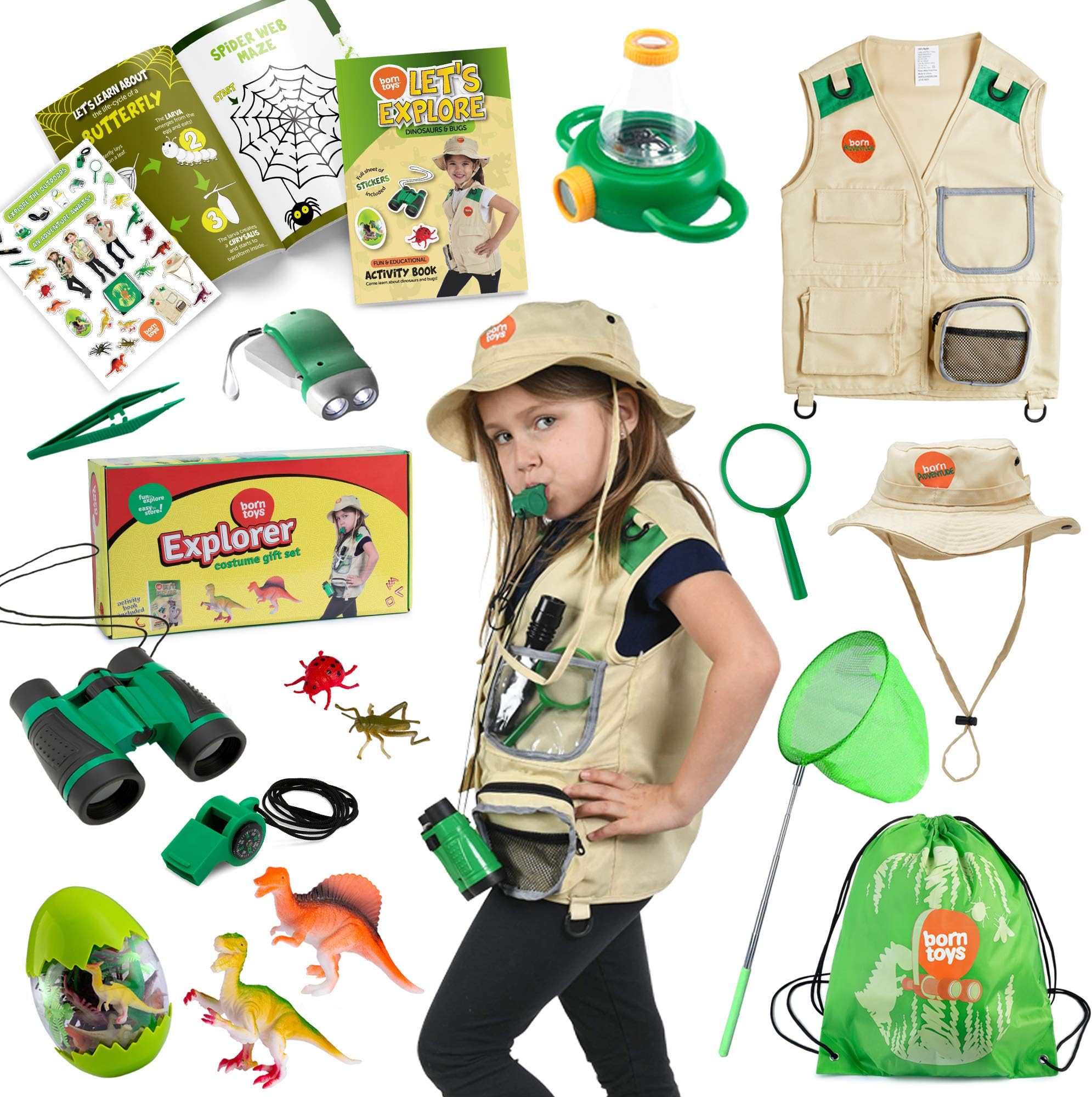 Born Toys Explorer and Safari Costume Vest and Hat Set for Kid Explorer and Outdoor Dress up and Role Play-Great for Park Ranger Paleontologist Zoo Keeper Costume and Adventure Kids