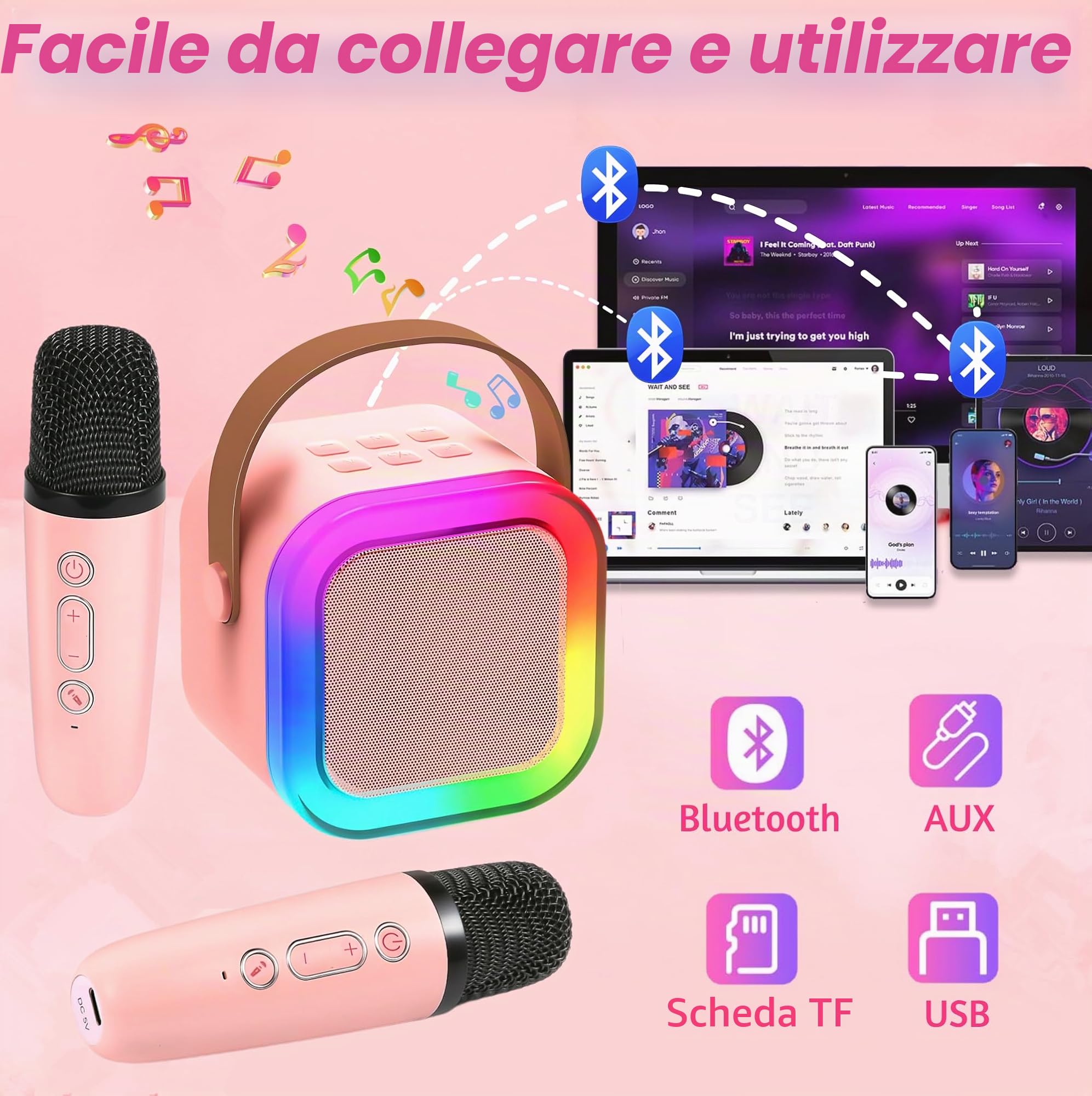 Chennyfun Macchina Karaoke con 2 Microfono, Karaoke Portatile Bambini con Altoparlante Bluetooth, Luce LED ed Effetti di Cambio Voce, Giocattoli per Karaoke Ricaricare per Ragazzi e Ragazze