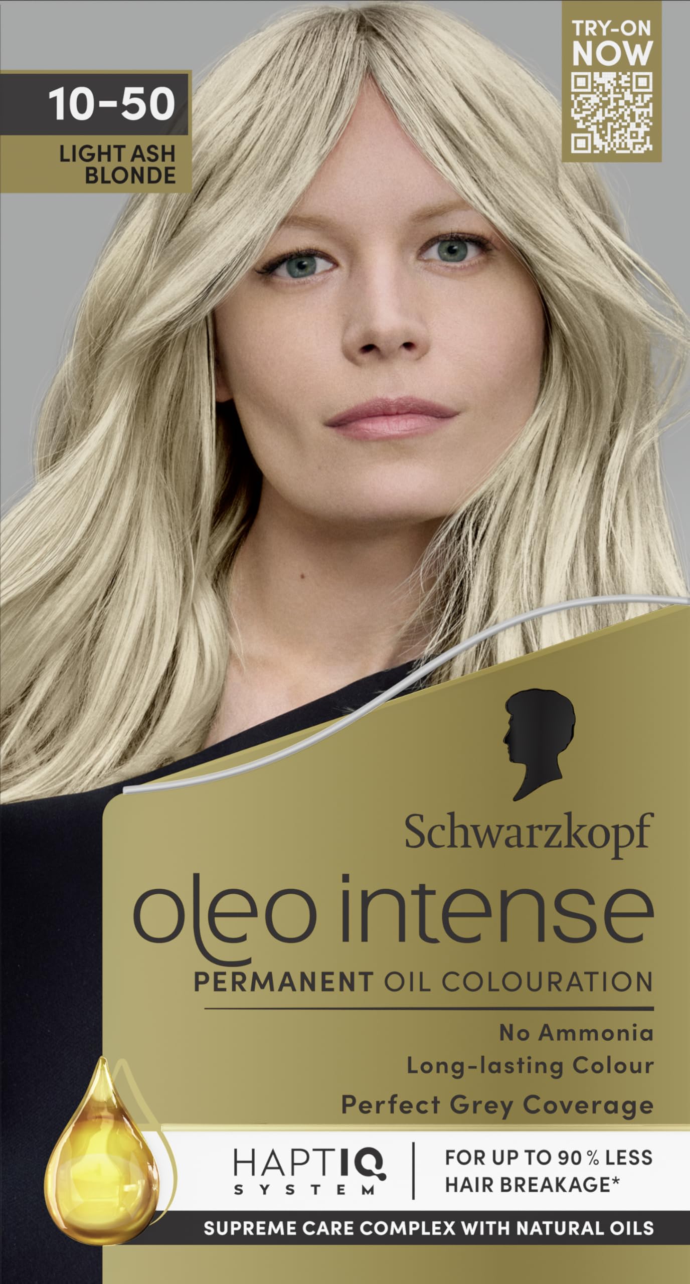 Schwarzkopf Oleo Intense Permanent Oil Colour 10-50 Light Ash Blonde Hair Dye, Perfect Grey Coverage, Conditioner with HaptIQ System, Long-Lasting Colour, Ammonia Free Hair Dye