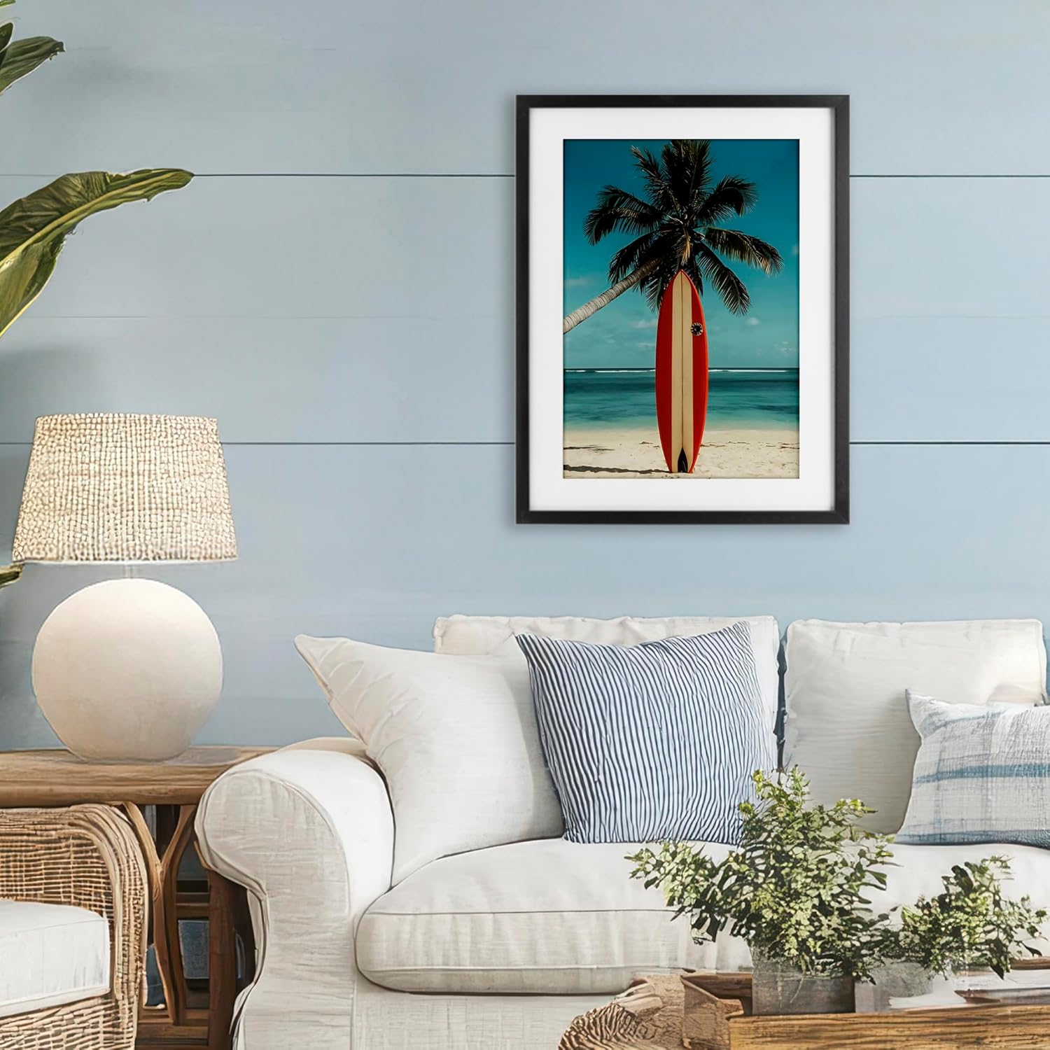 Stupell Industries シングルパームツリー&amp;サーフボード ブラックフレームプリント アンダーガラス、LSRデ