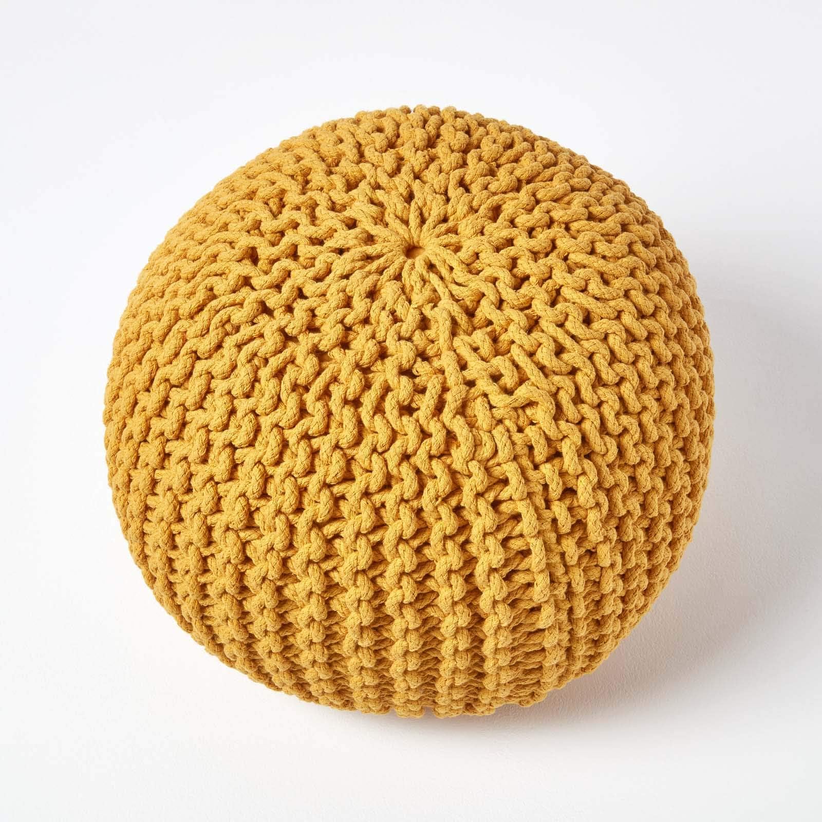 Homescapes Pouf Strickpouf rundes Bodenkissen, Sitzpouf 35 x 40 cm, gepolsterter Sitzhocker, Sitzpuff/Puff mit grob gestricktem Bezug aus 100% Baumwolle, Strickpuff, Senf