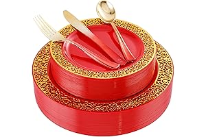 U-QE Red and Gold Plastic Plates for Parties and Weddings