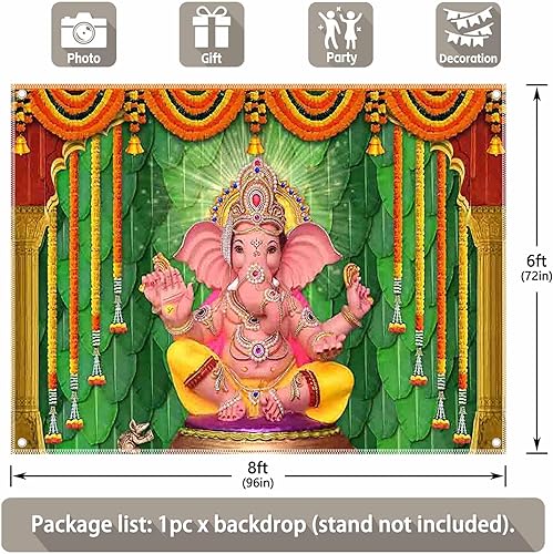 Miniatura 3 de Telón de fondo de fotografía de poliéster de 8 x 6 pies, fondo de Dios hindú indio, guirnalda de caléndula Ganesh Chathurthi, guirnalda de caléndula