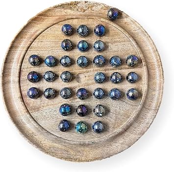 30cm Diameter MANGO WOOD SOLITAIRE BOARD GAME with SPARKLY JUPITER GLASS MARBLES | |classic wooden solitaire game | strategy board game