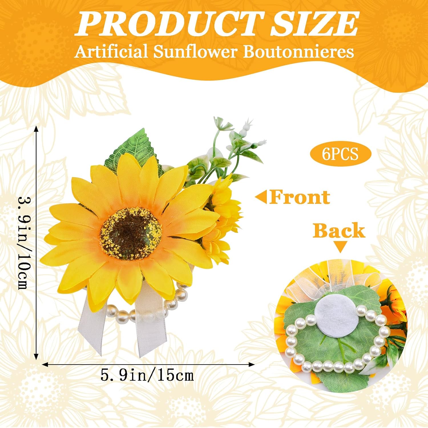 Yellow Wrist Flower, 6 Pcs Artificial Sunflower Corsage Wristlet for Prom Flower Wrist Corsage for Bridesmaid Bridal Wedding Shower Prom Party