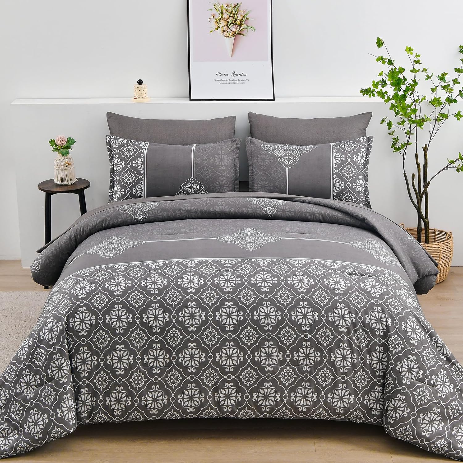 Grey Comforter Set Queen,7 Pieces Boho Bed in a Bag Gray