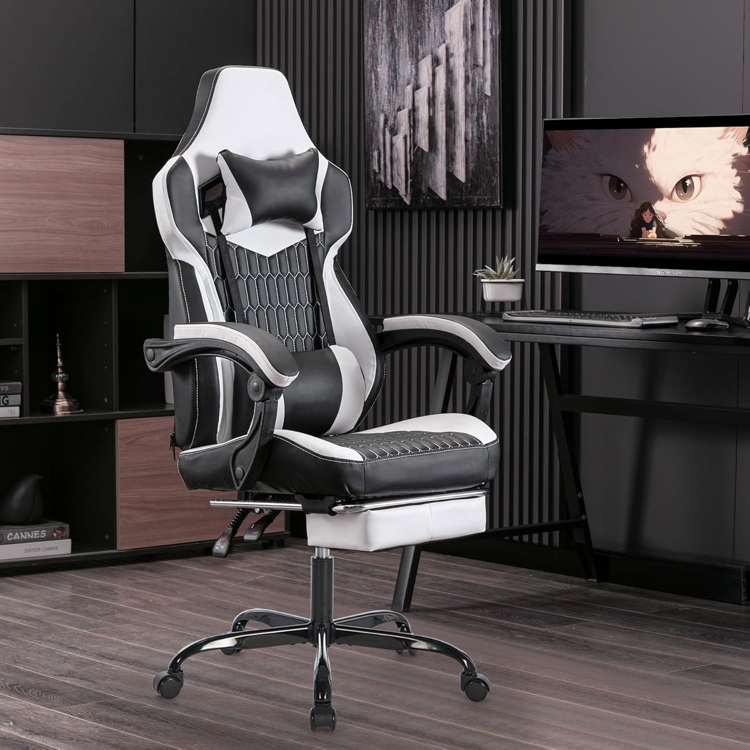 Ergonomic Gaming Chair, Computer Chair with Footrest and Lumbar Support and Headrest, Height Adjustable Game Chair with Equipped with Silent Rollers for Office or Gaming (Black White)