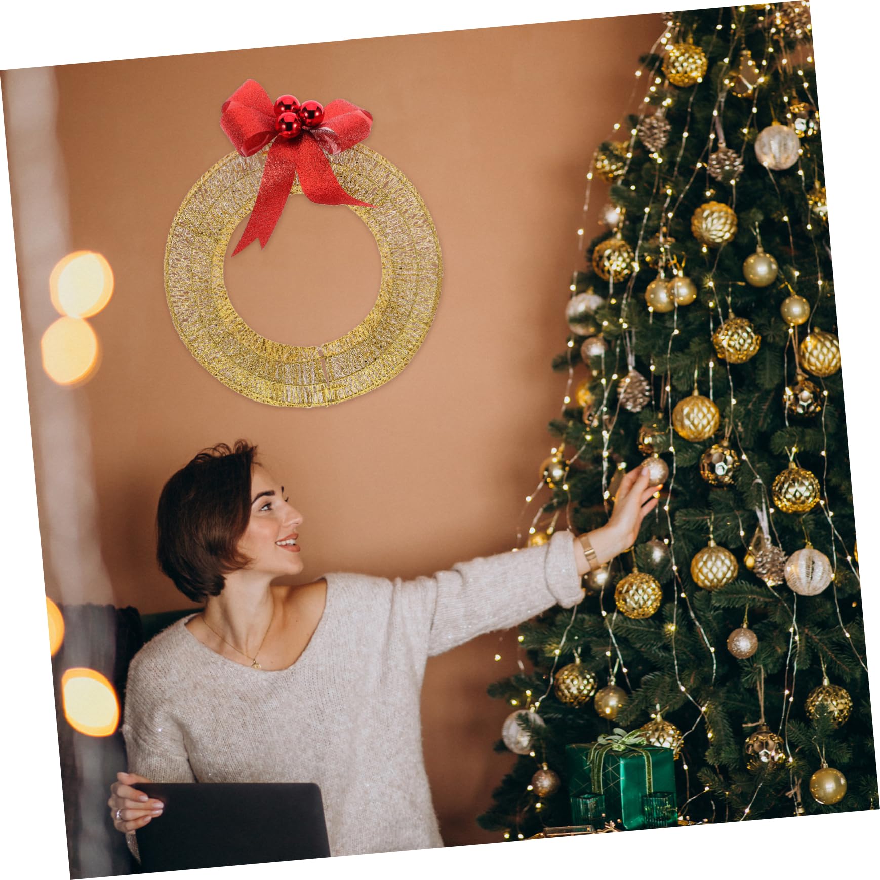 Cabilock Leuchtender Kranz mit Warmweißen Led-lichtern Weihnachtsschleifenkranz für Festliche Dekoration Winterlicher Türkranz für Innen und Außenbereich