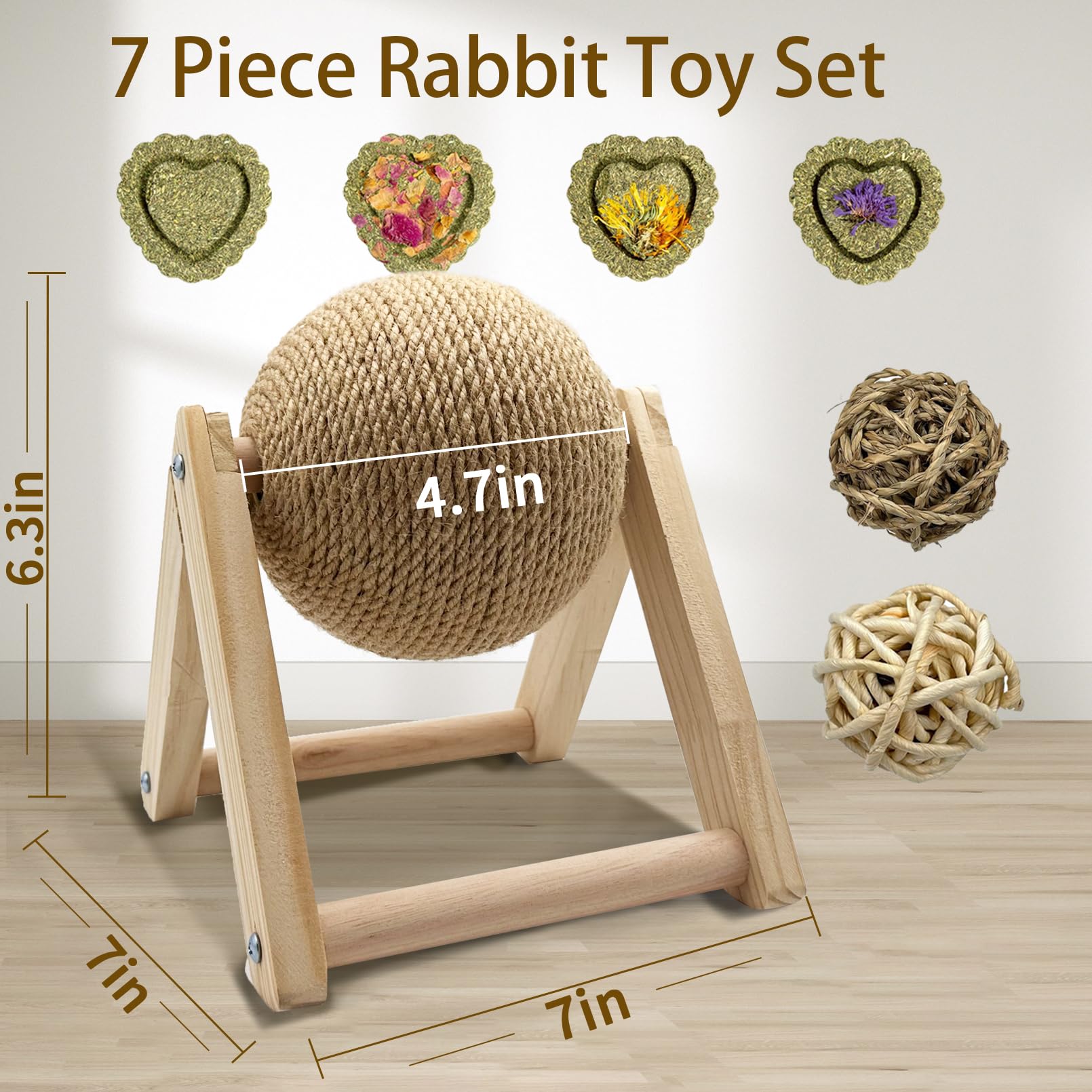 Hasenkratzspielzeug, Kaninchenspielzeug für Kaninchenkrallenkratzer, natürlicher Sisal, Haustier-Kratzball, Holz, kleine Tiere, Langeweile, Breaker für Innenfrettchen, Chinchillas (klein)