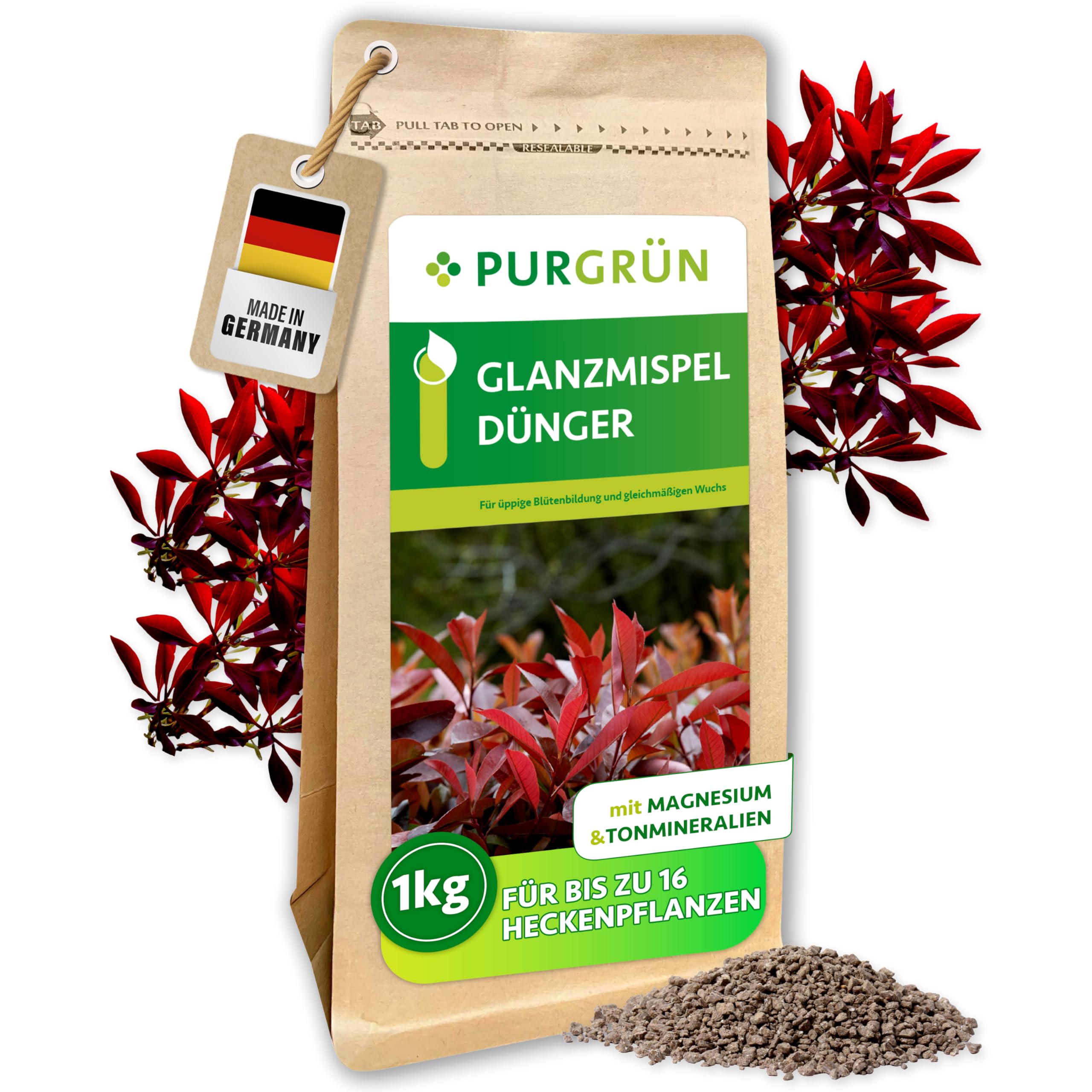 Purgrün® Glanzmispel-Dünger 1 kg – Organisch-mineralische Rezeptur – Feinkörniges Krümelgranulat – NPK 8+4+5 – Extra Magnesium für eine leuchtende Blattfärbung – Verbessert die Bodenqualität