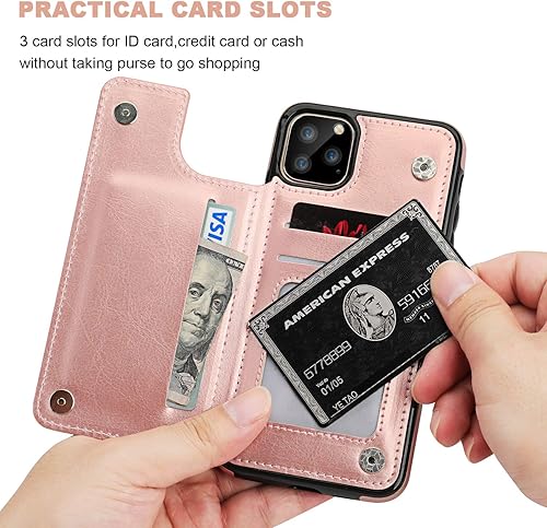 Miniatura 4 de Funda tipo cartera para iPhone 11 Pro Max con tarjetero y ranuras para tarjetas, doble cierre magnético y funda duradera a prueba de golpes para