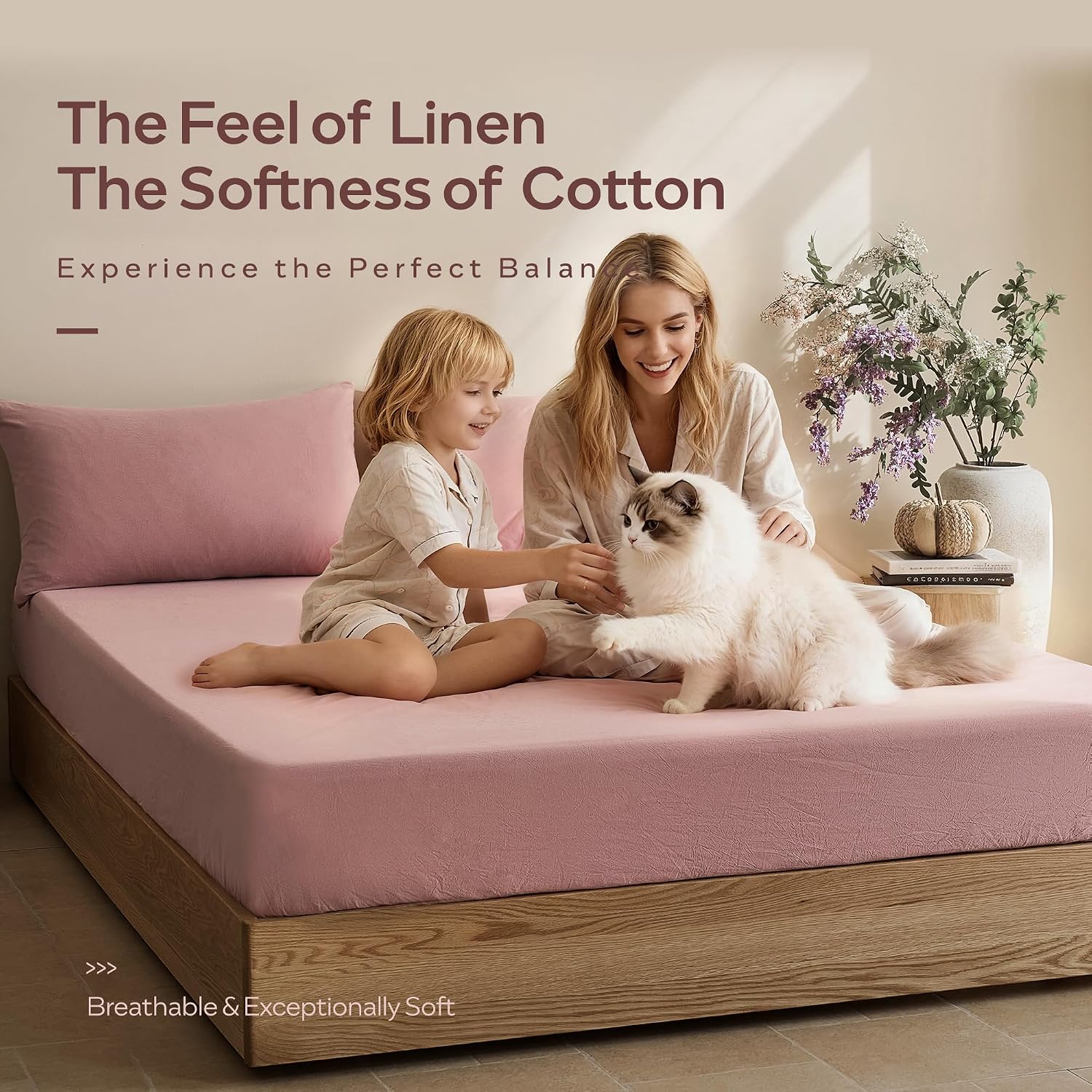 JELLYMONI Fitted Sheet Queen Cotton Darker Rose 1pc Easy-Fit 16 Inch Deep Pocket Sheet Bedding Sheet Solid 100% Washed Cotton Soft Breathable Durable Fitted Bed Sheet (60”x 80”+16”)