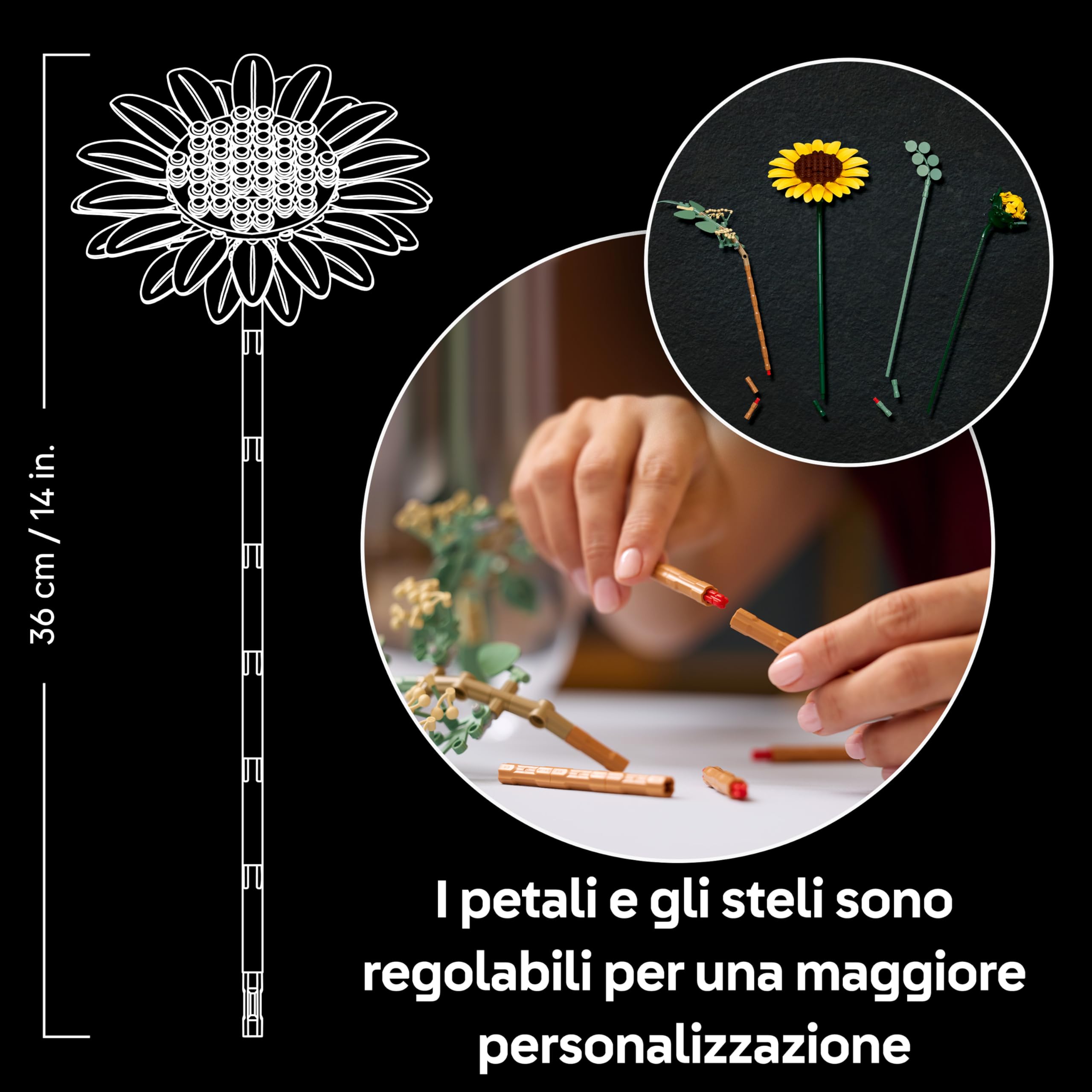 LEGO Botanicals Bouquet di Girasoli - Set di Fiori Artificiali per Adulti - Girasoli Finti e Steli di Eucalipto per Decorare il Soggiorno o la Camera da Letto - Idea Regalo Fai da Te per Donne - 11502