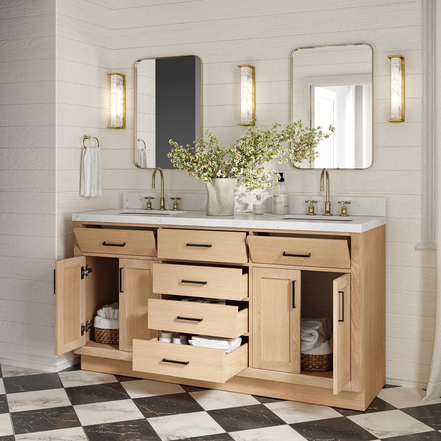 ARIEL Hepburn 66-inch Bathroom Vanity with Sink,Solid Wood, 1.5-inch Carrara White Quartz Countertop, Double Rectangular Porcelain Sink, 4 Soft Closing Doors, 6 Dovetail Drawers, White Oak