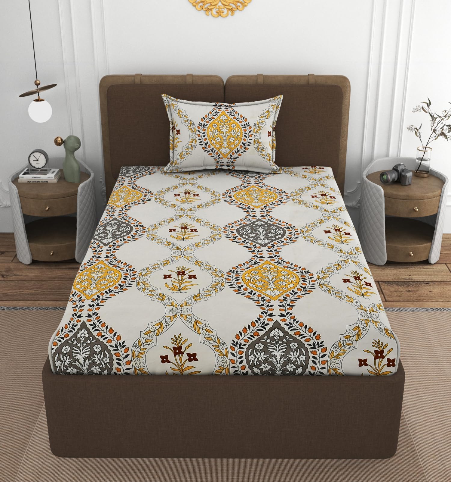 VOMZER Premium 320 TC Fitted Bed Sheet with Full Elastic - Deep Pocket Design - Wrinkle Resistant Fitted Bedsheet 36x72 Single White Damask
