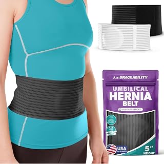 BraceAbility Umbilical Hernia Belt - Abdominal Binder Truss with Compression Pad for Belly Button, Navel, Ventral, Epigastric, Hiatal Hernia Relief, Support Brace for Men or Women (S/M 5" Black)