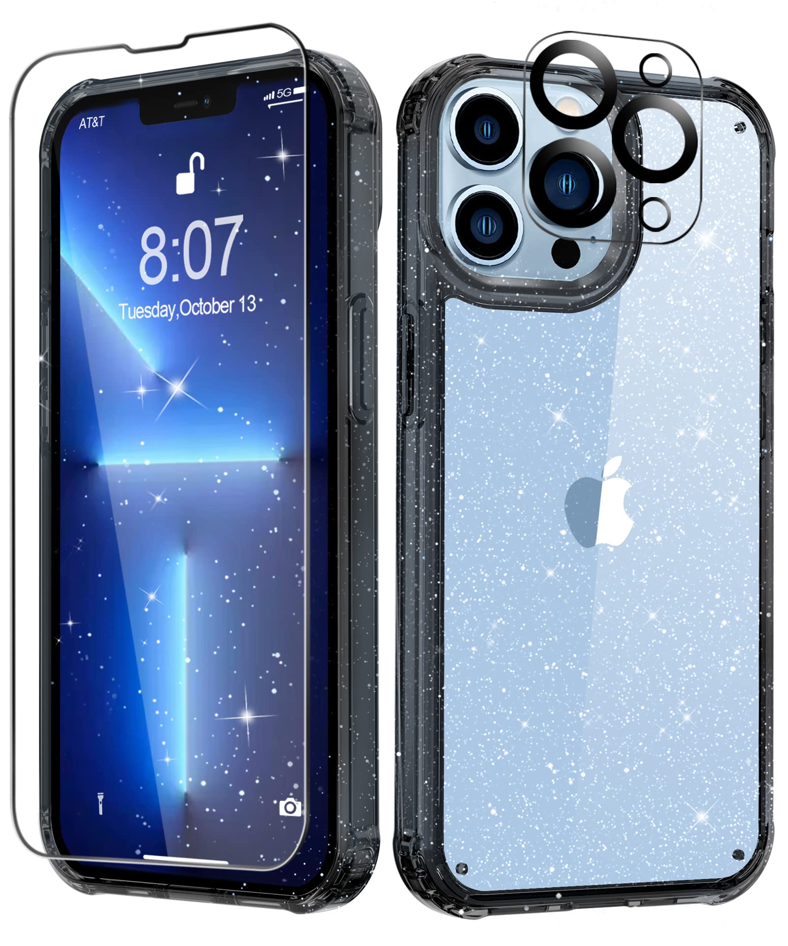 MIODIK Compatible with iPhone 13 Pro Case, with Screen Protector + Camera Lens Protector, Clear Glitter Women Girls Protective Shockproof Phone Case,