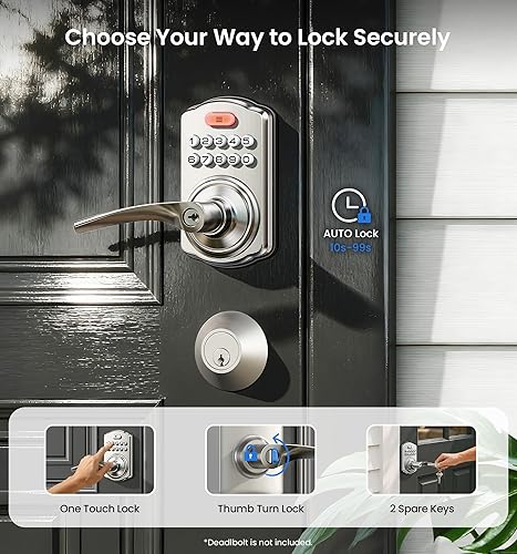 Miniatura 3 de Veise Cerradura de puerta con teclado con asa, entrada sin llave para puerta delantera y dormitorio, cerradura electrónica con código, bloqueo