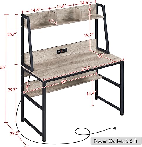 Miniatura 3 de Topeakmart Mesa industrial para oficina en casa, escritorio para computadora con toma de corriente y estanterías, mesa de computadora portátil de 47
