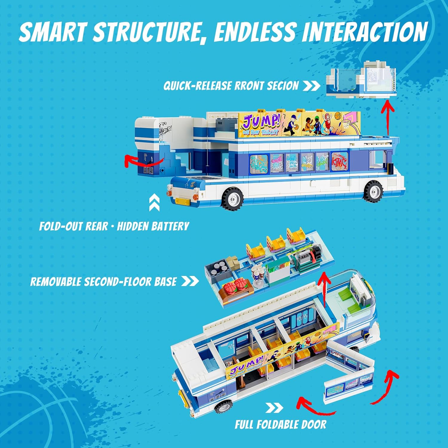 Street Fusion Streetball Tour Bus Lighting Building Bricks Set - City Town Modular Playset Collection Display kit with Minifigures 1170 Pcs for Adults & Teens & Life Enthusiasts