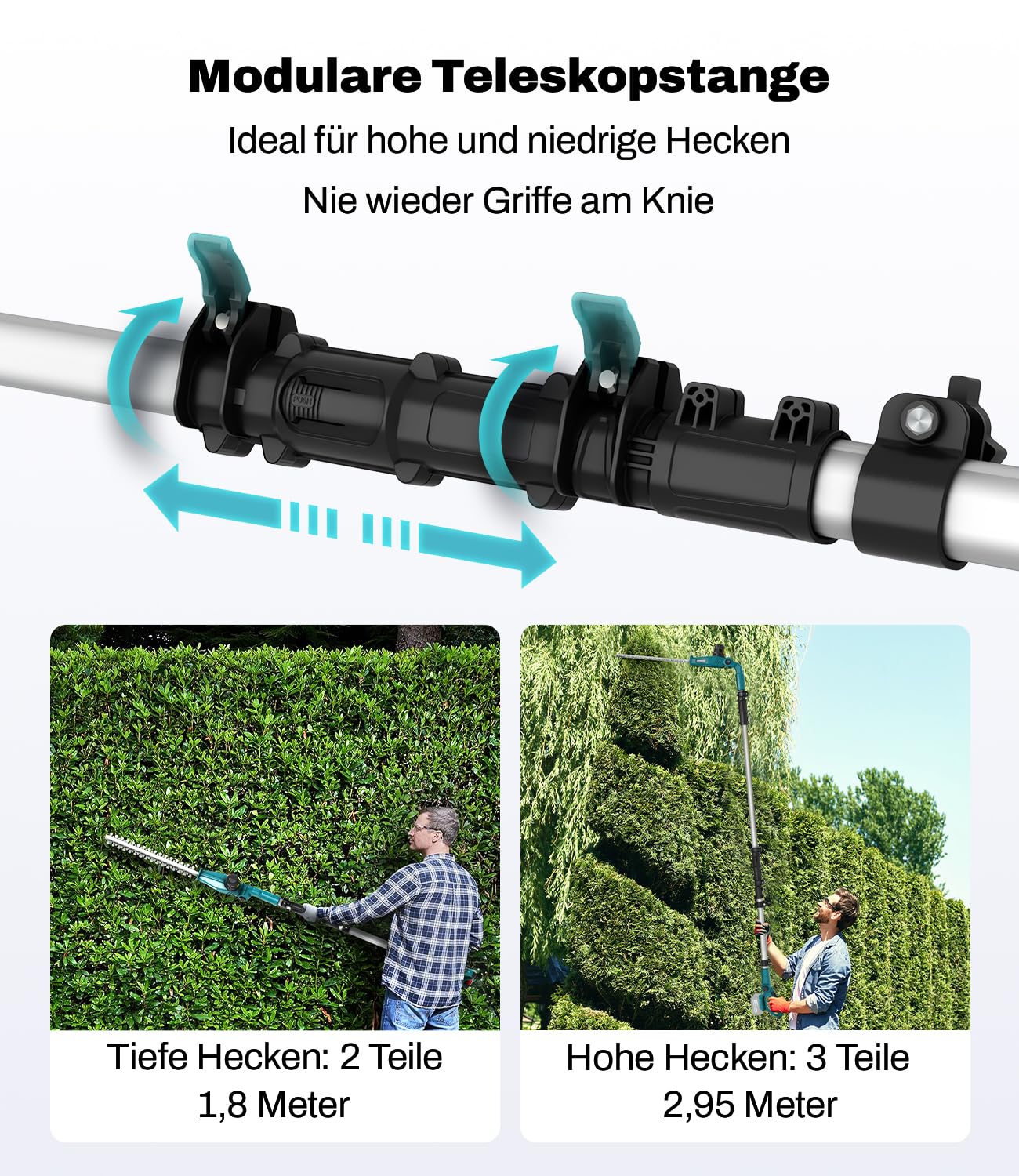 Cortasetos telescópico con batería CSL402 compatible con baterías Makita de 18 V, ancho de corte de 45 cm, distancia entre dientes de 16 mm, alcance de 2,95 m, cabezal de corte ajustable en 5